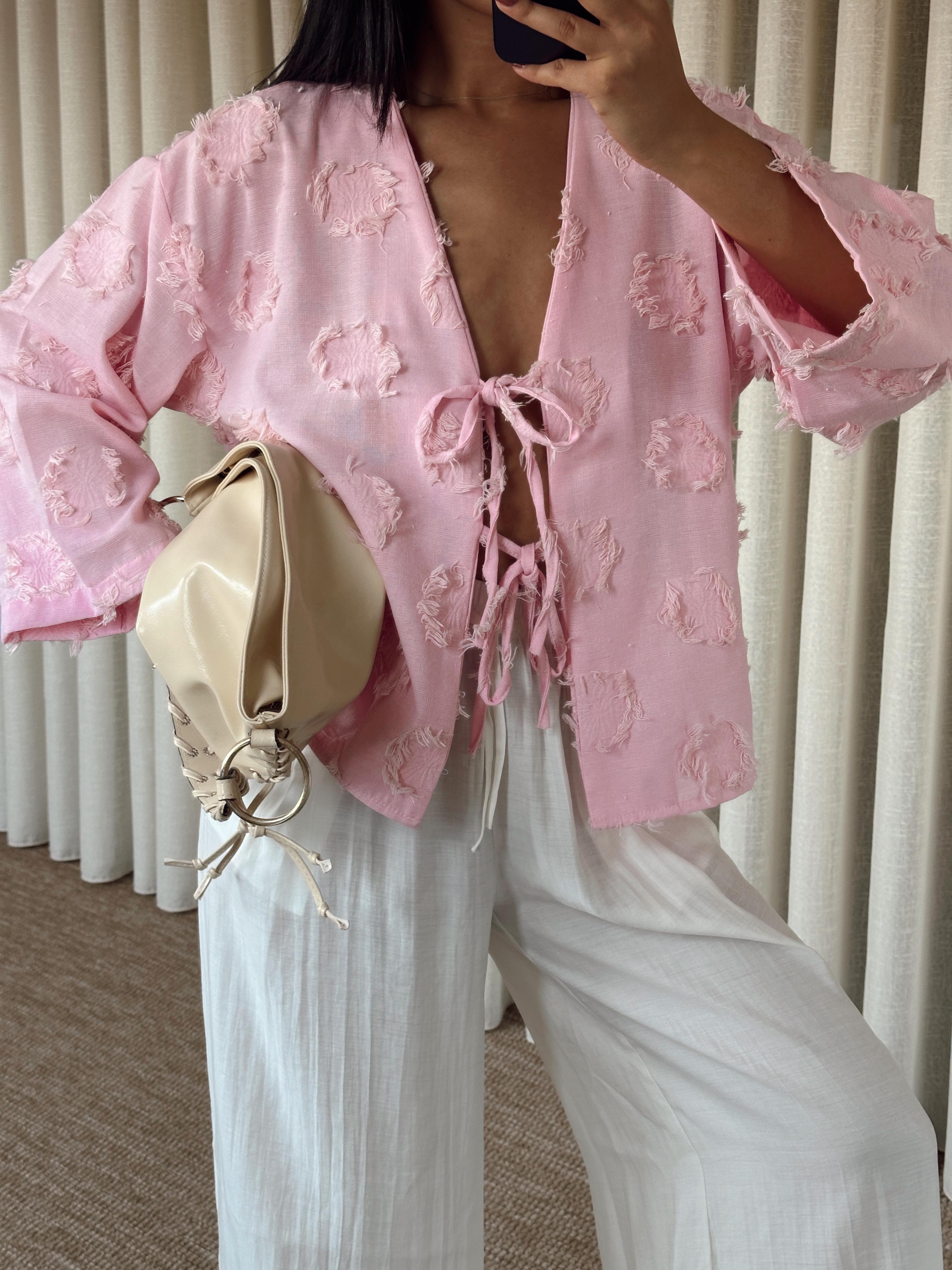 Püskül Detaylı Bağlamalı Kimono - Pembe