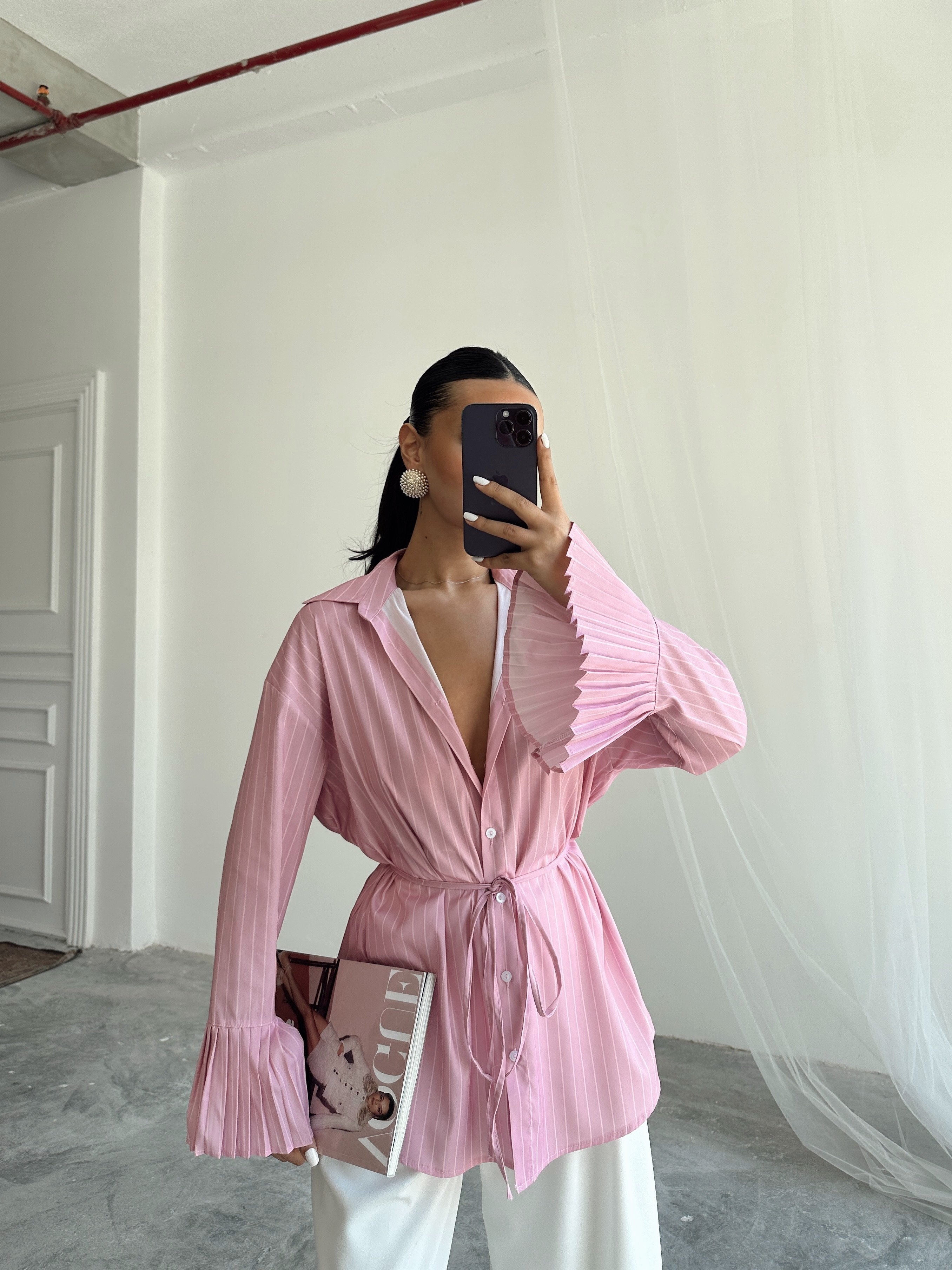 Kolu Piliseli Çizgili Gömlek - Pembe