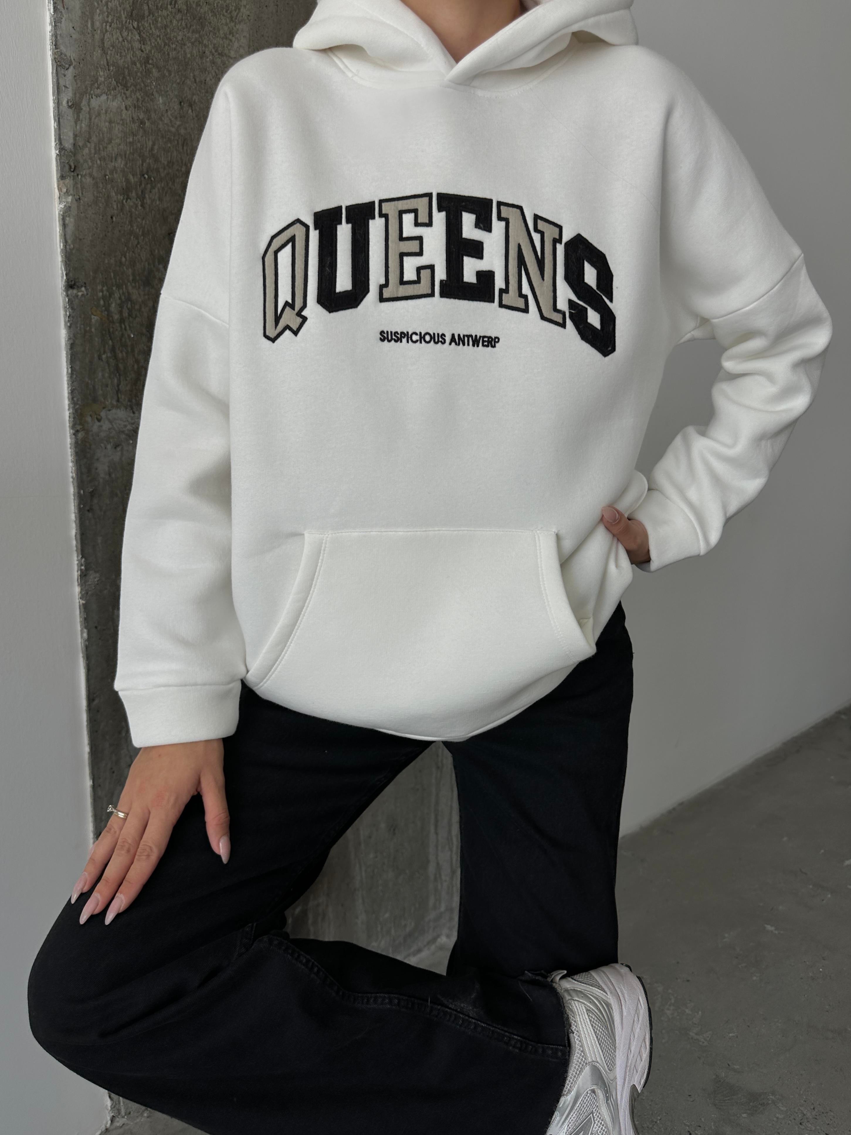 Queens Üç İplik Kapüşonlu Oversize Sweat Beyaz