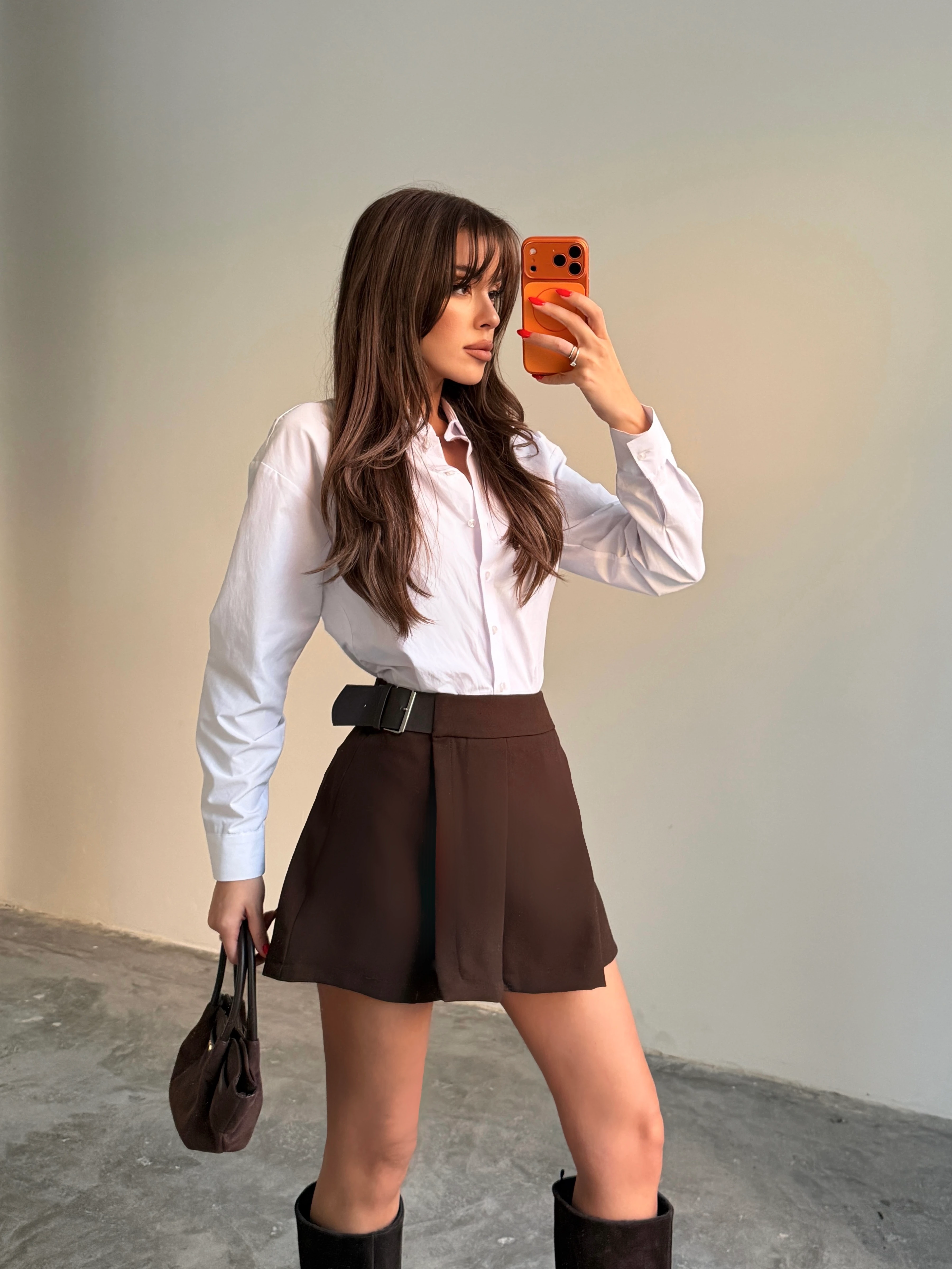 Yanı Kemerli Pileli Etek - Kahve