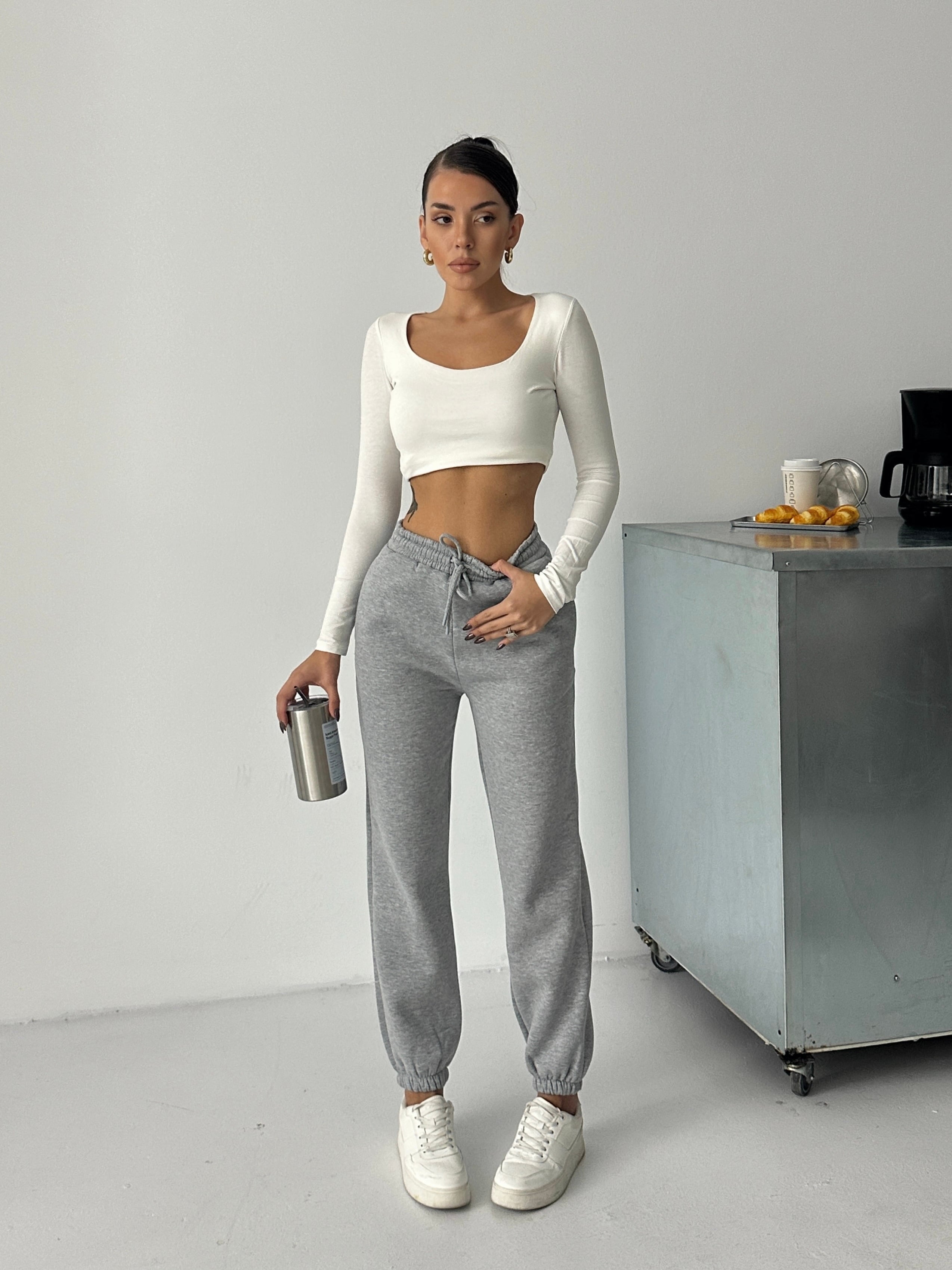 Bel Lastik Jogger Eşofman Gri Melanj