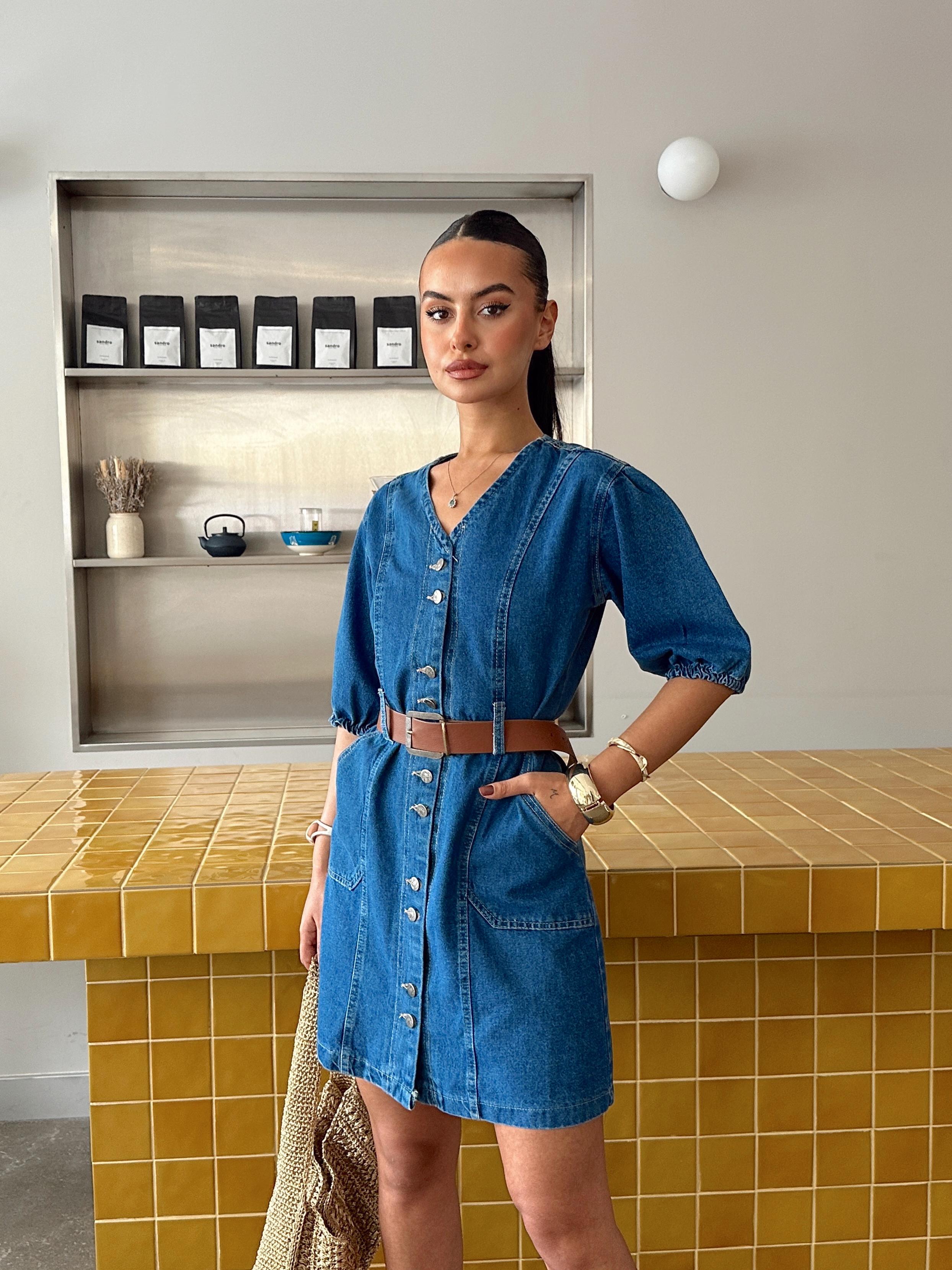 Kemerli Denim Elbise - Mavi