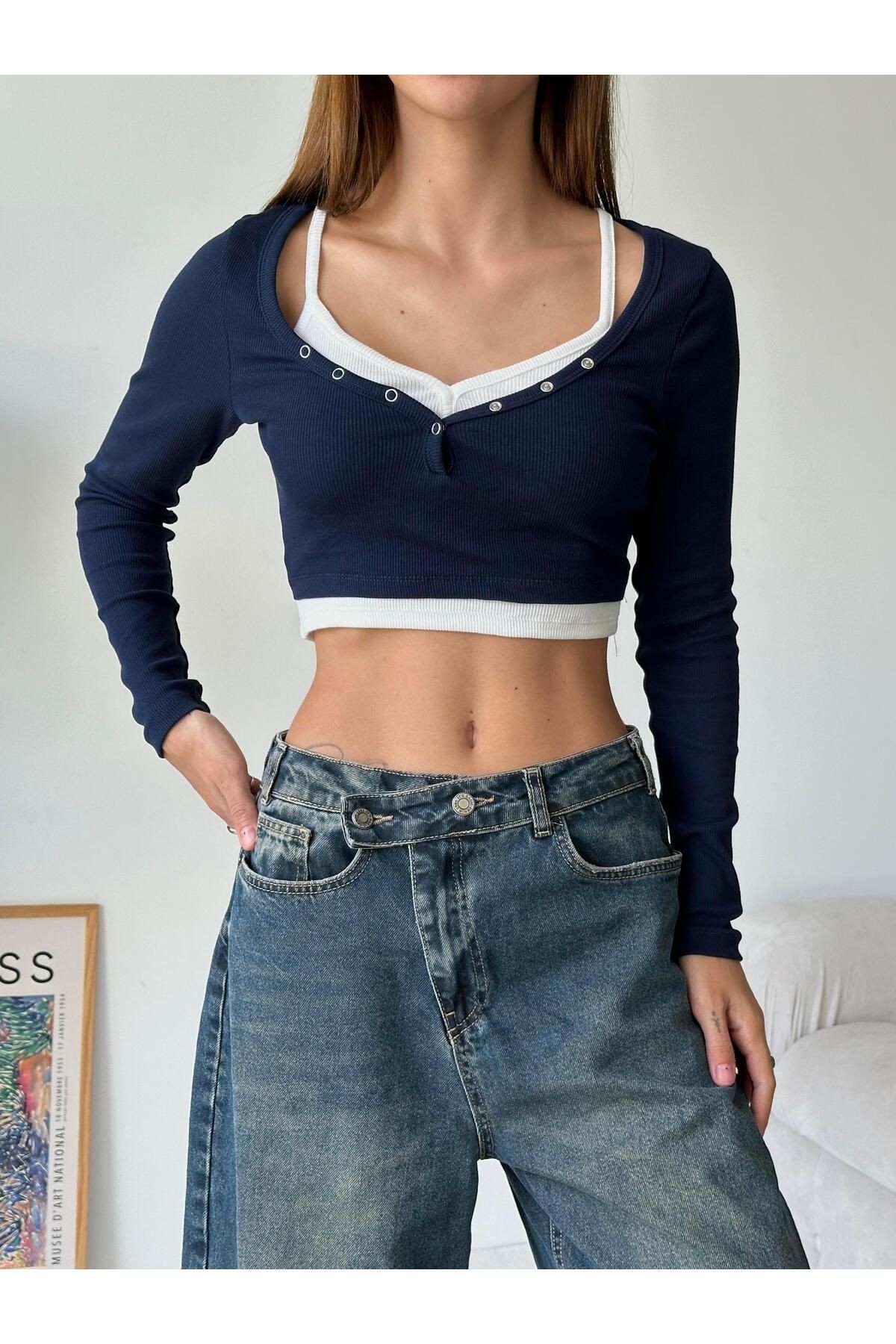 Birleşik Crop Bluz Lacivert