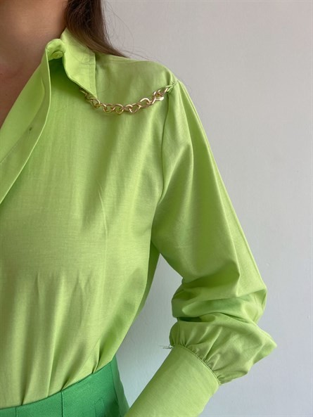 Zincir Apolet Oversize Poplin Gömlek Fıstık Yeşili