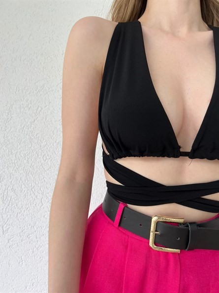 Bağlamalı Sandy Croptop Siyah