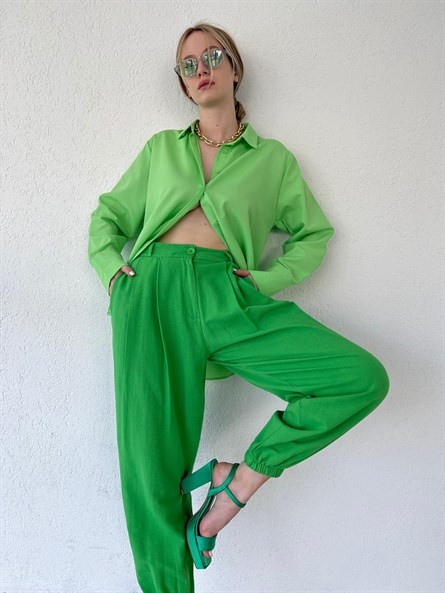 Kol Çift Düğme Oversize Poplin Gömlek Fıstık Yeşili