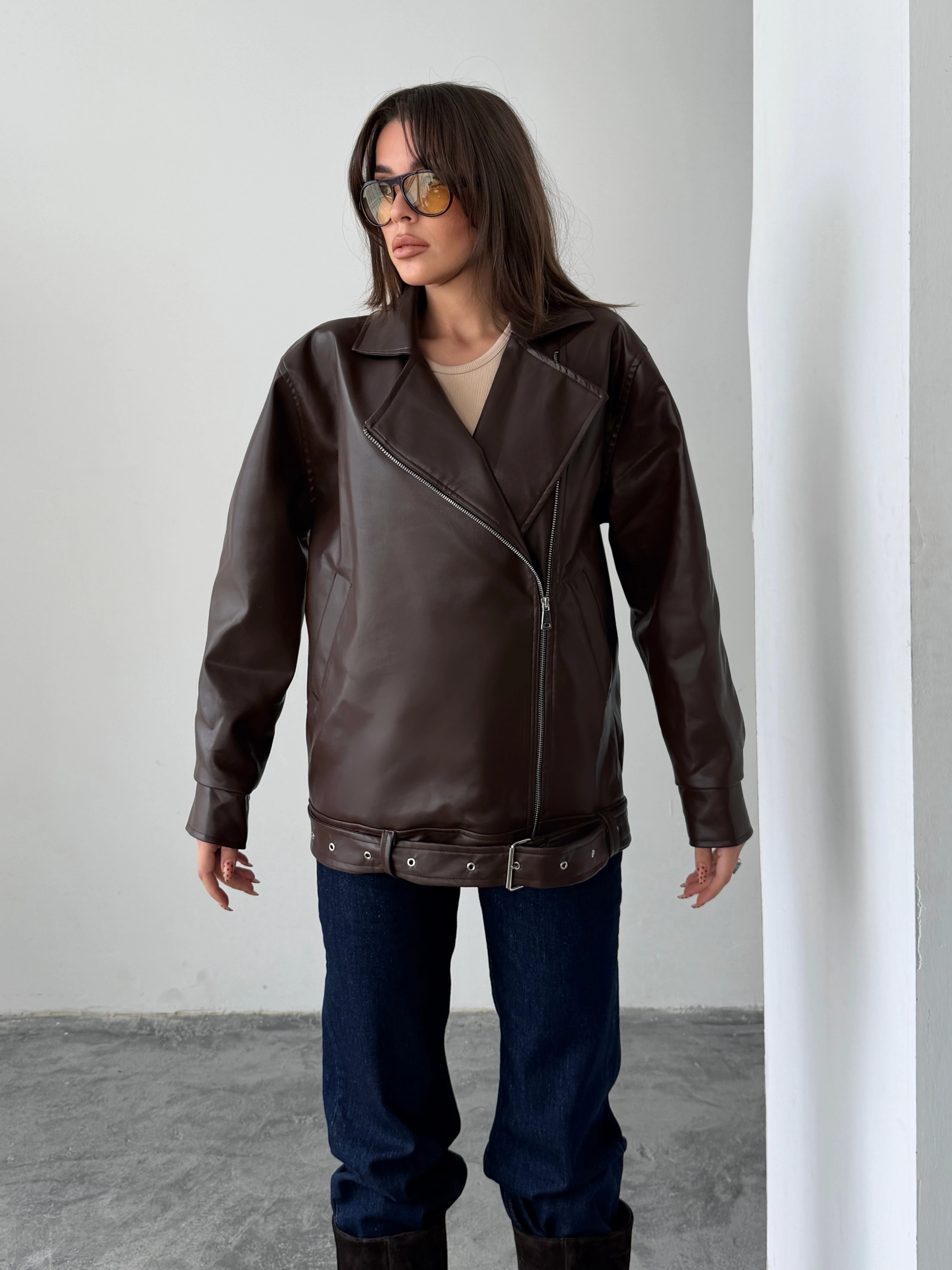 Kemerli Oversize Deri Ceket  - Kahve