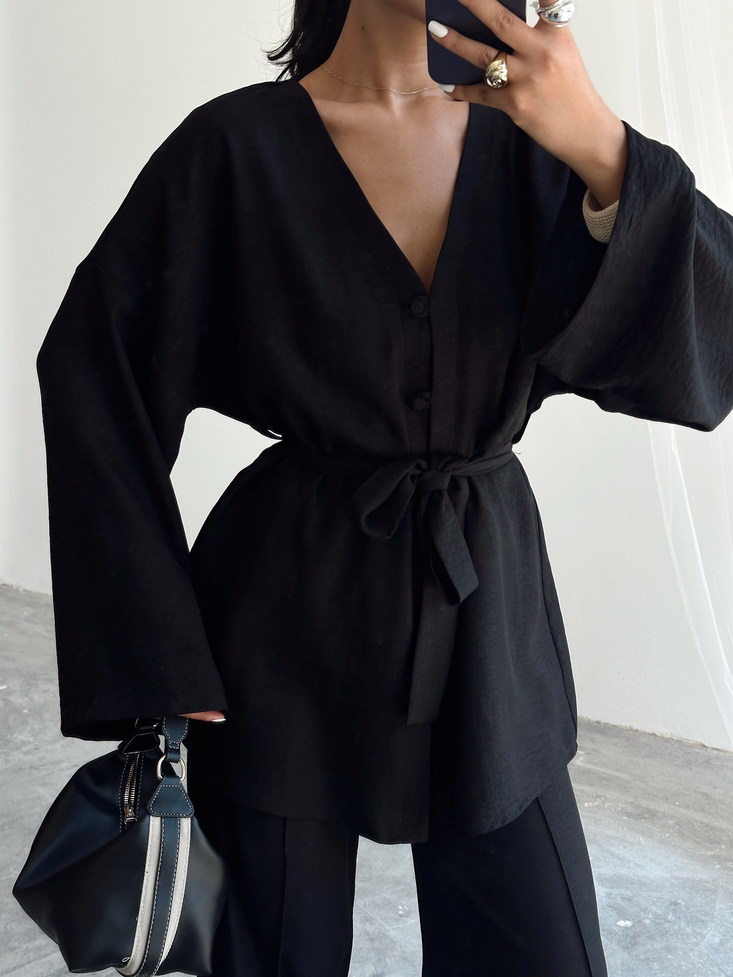 Düğme Detay Kuşaklı Kimono Takım