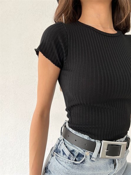 Bisiklet Yaka Fitilli Crop Siyah