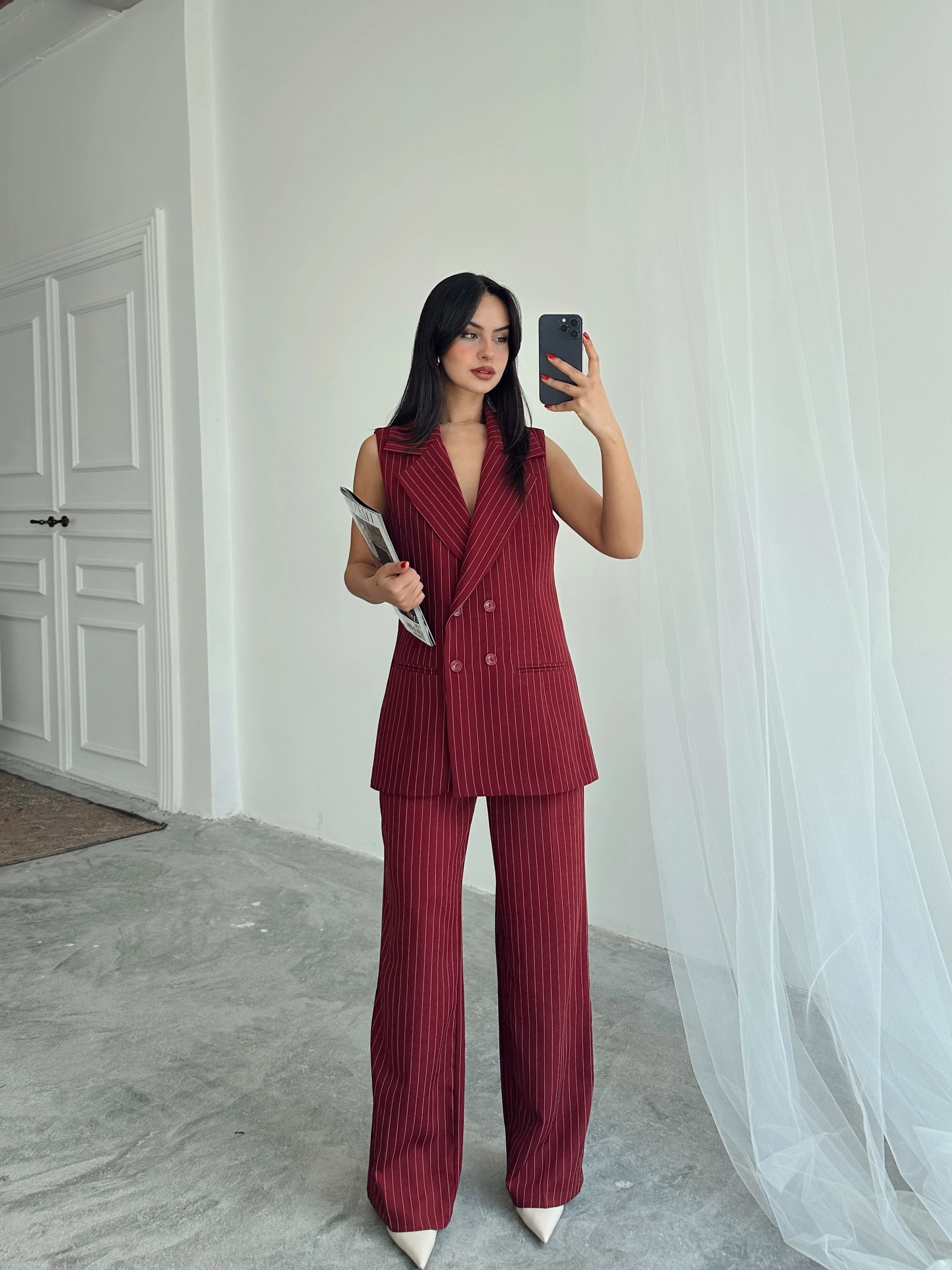 Ceket Yaka Line Yelek - Bordo