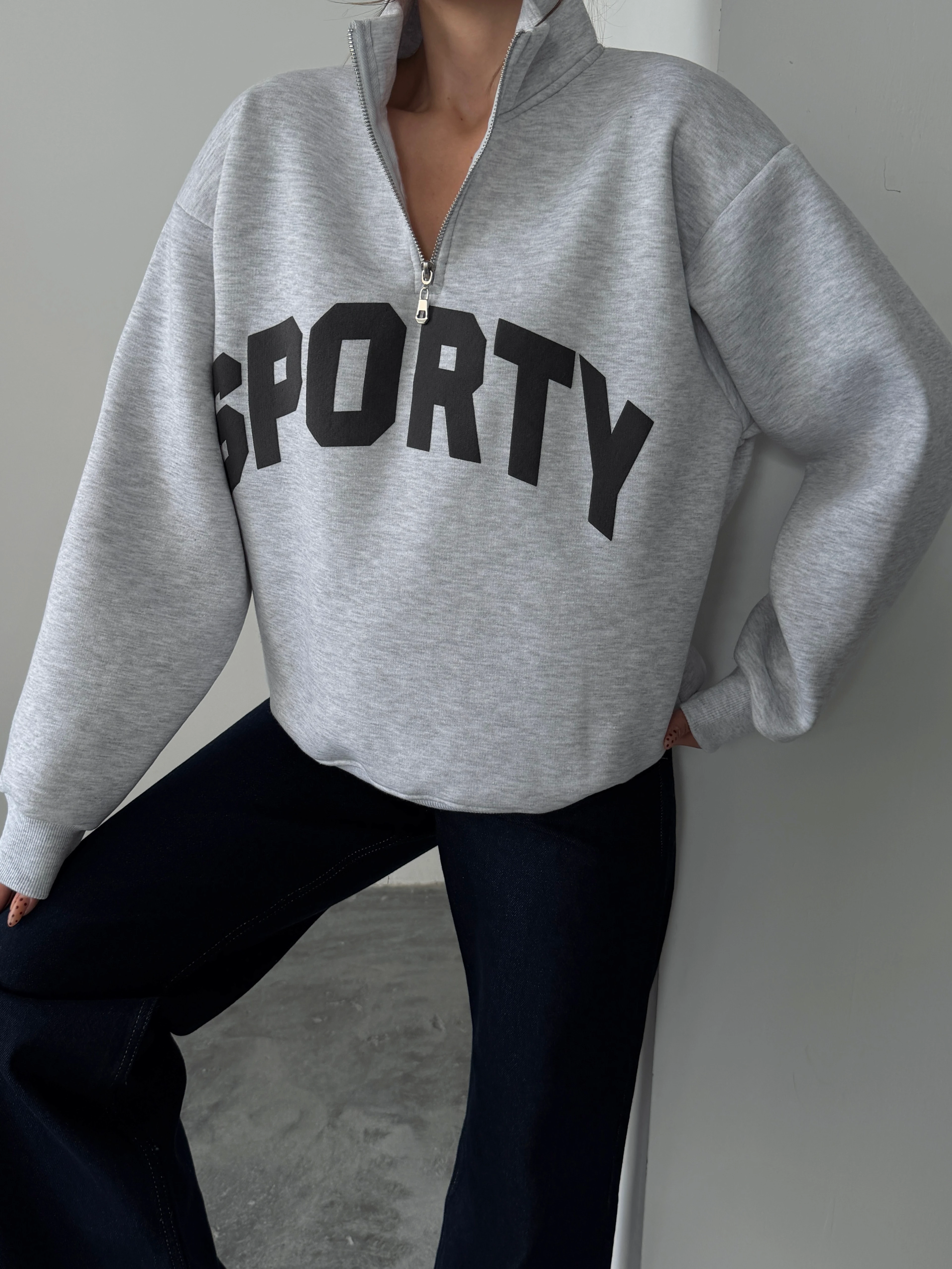 Sporty Yarım Fermuar Sweat - Gri
