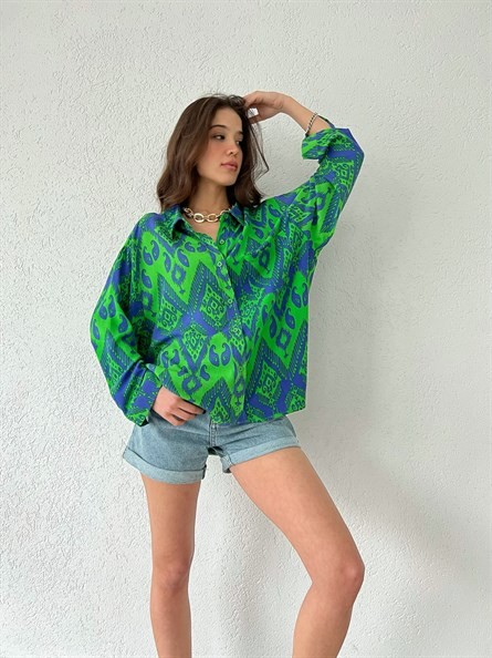 Etnik Desen Pamuklu Oversize Gömlek Yeşil-Mavi