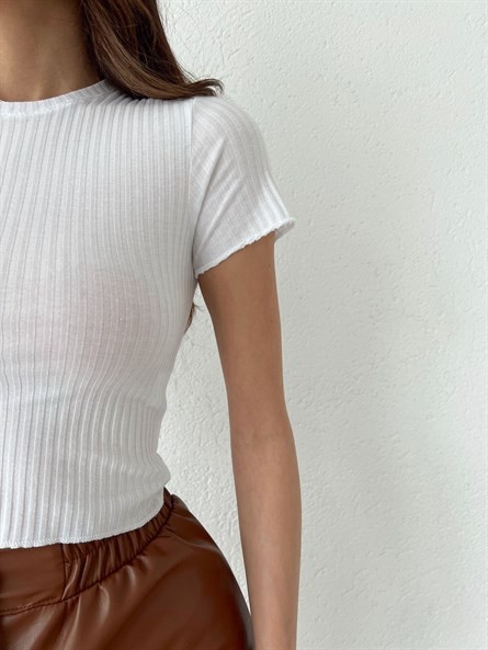 Bisiklet Yaka Fitilli Crop Beyaz