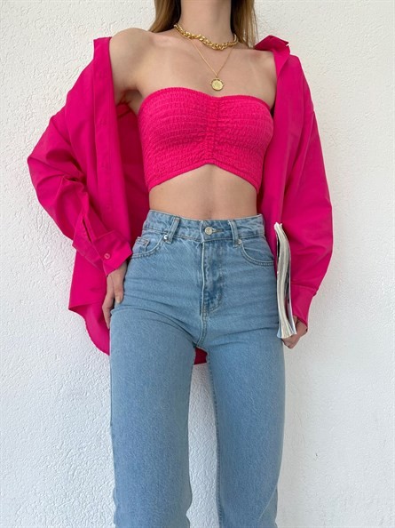 Drapeli Gofre Straplez Crop Fuşya