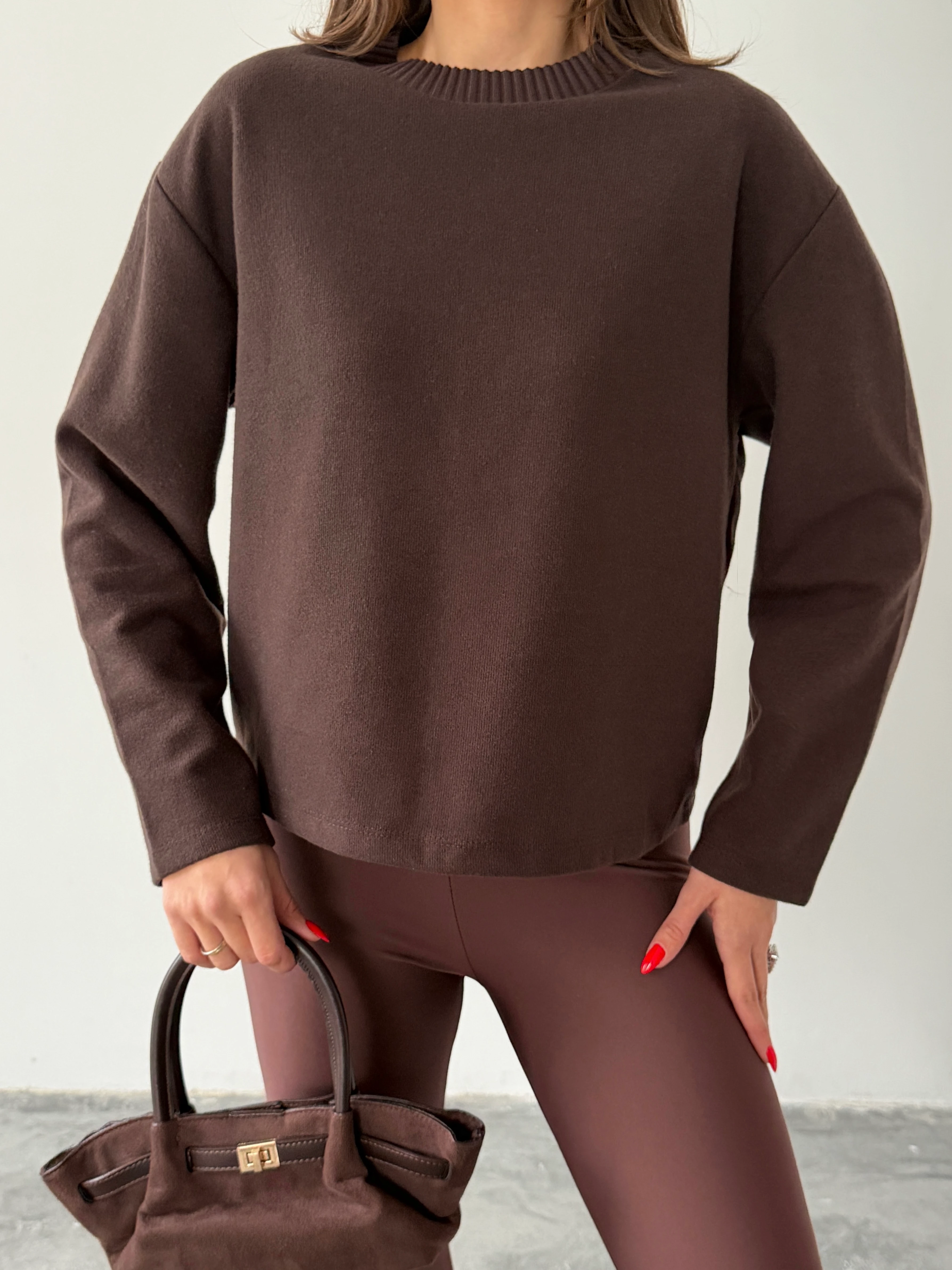 Yaka Ribana Detay Sweat - Kahve