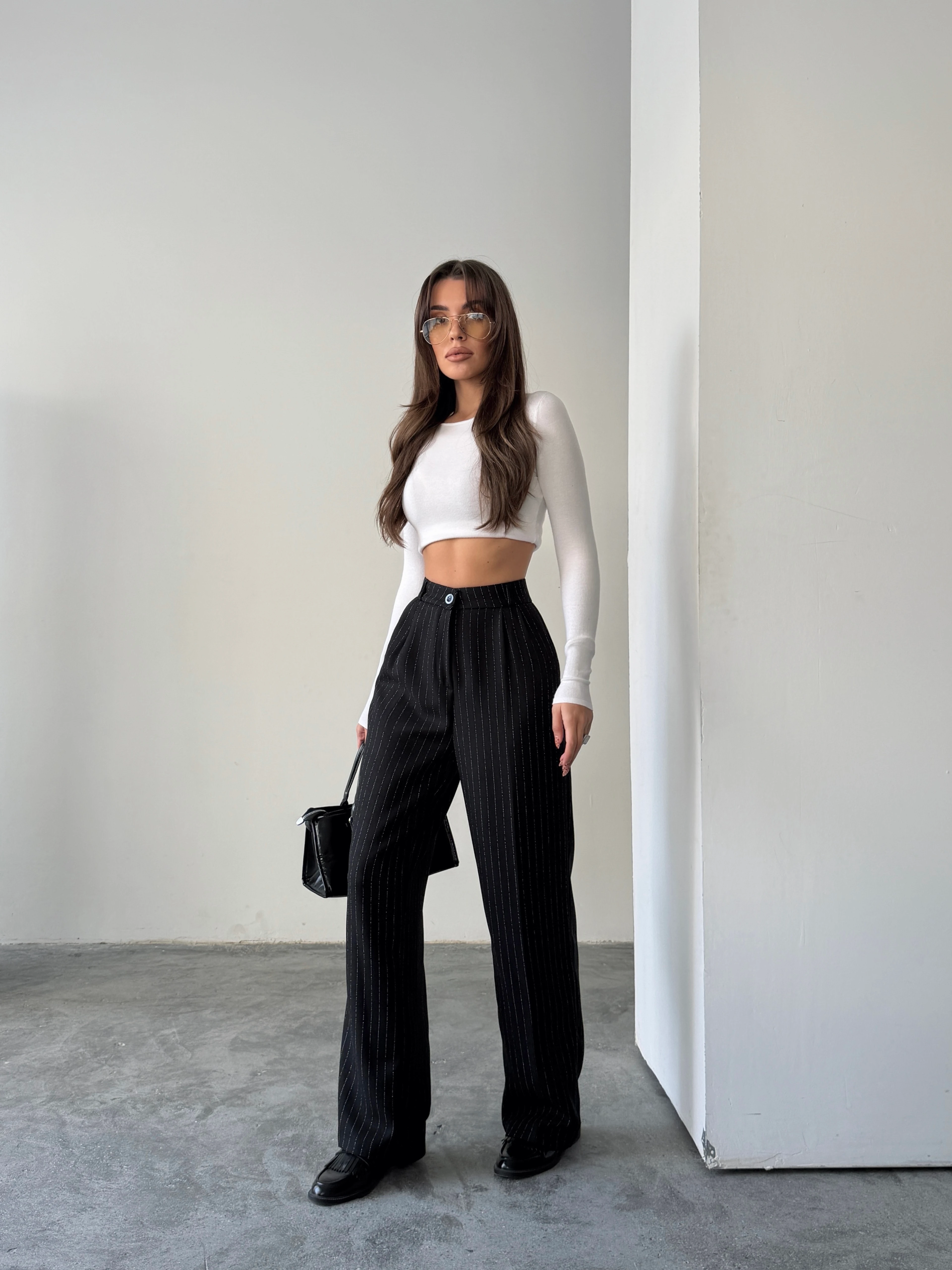 Yünefekt Çizgili Palazzo - Siyah