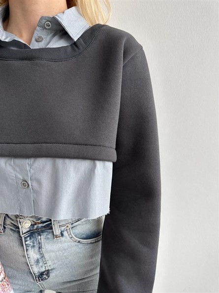 Gömlek Detay Tasarım Sweatshirt Füme