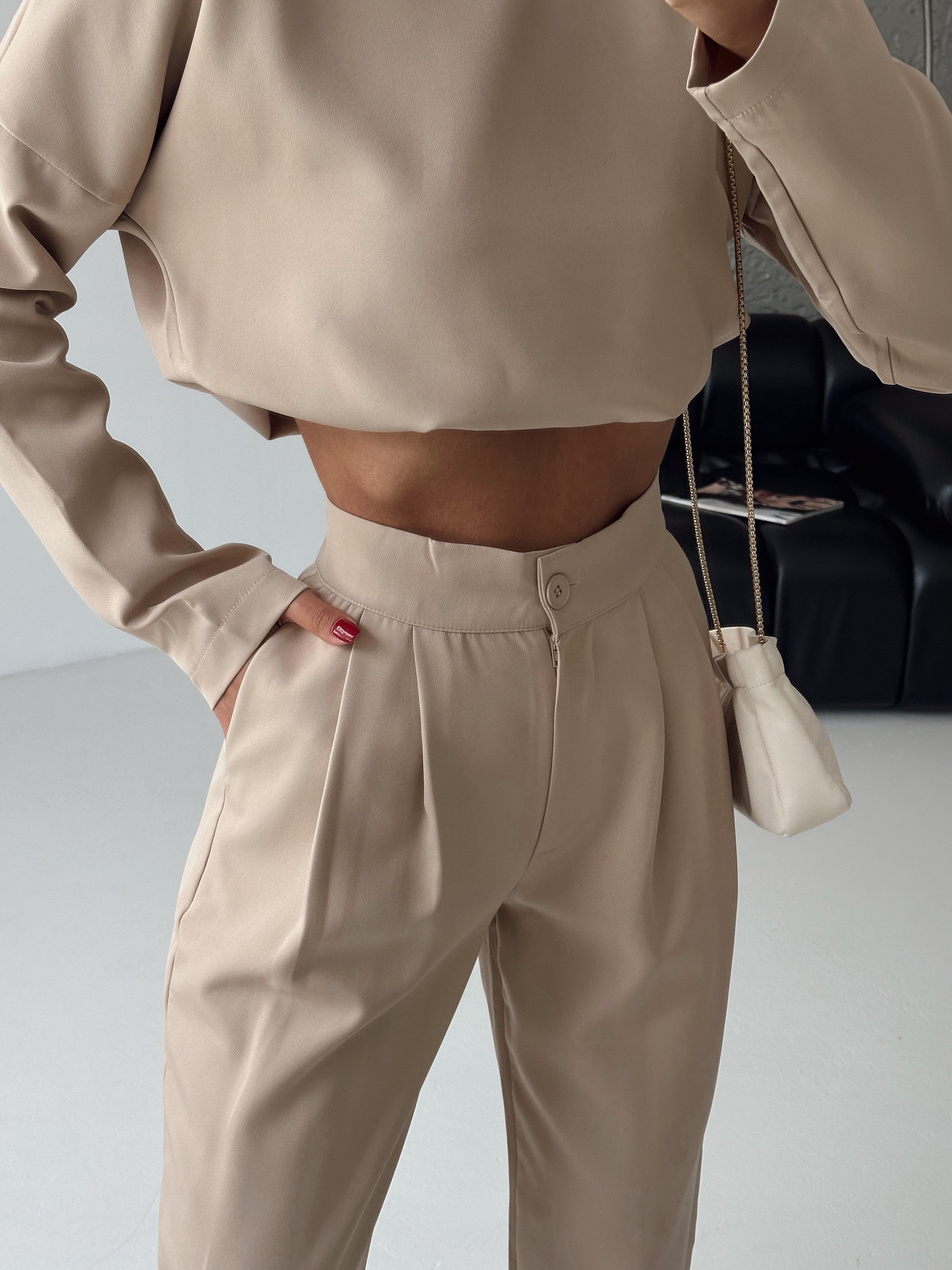 Petra Crop Pantolon Takım Bej
