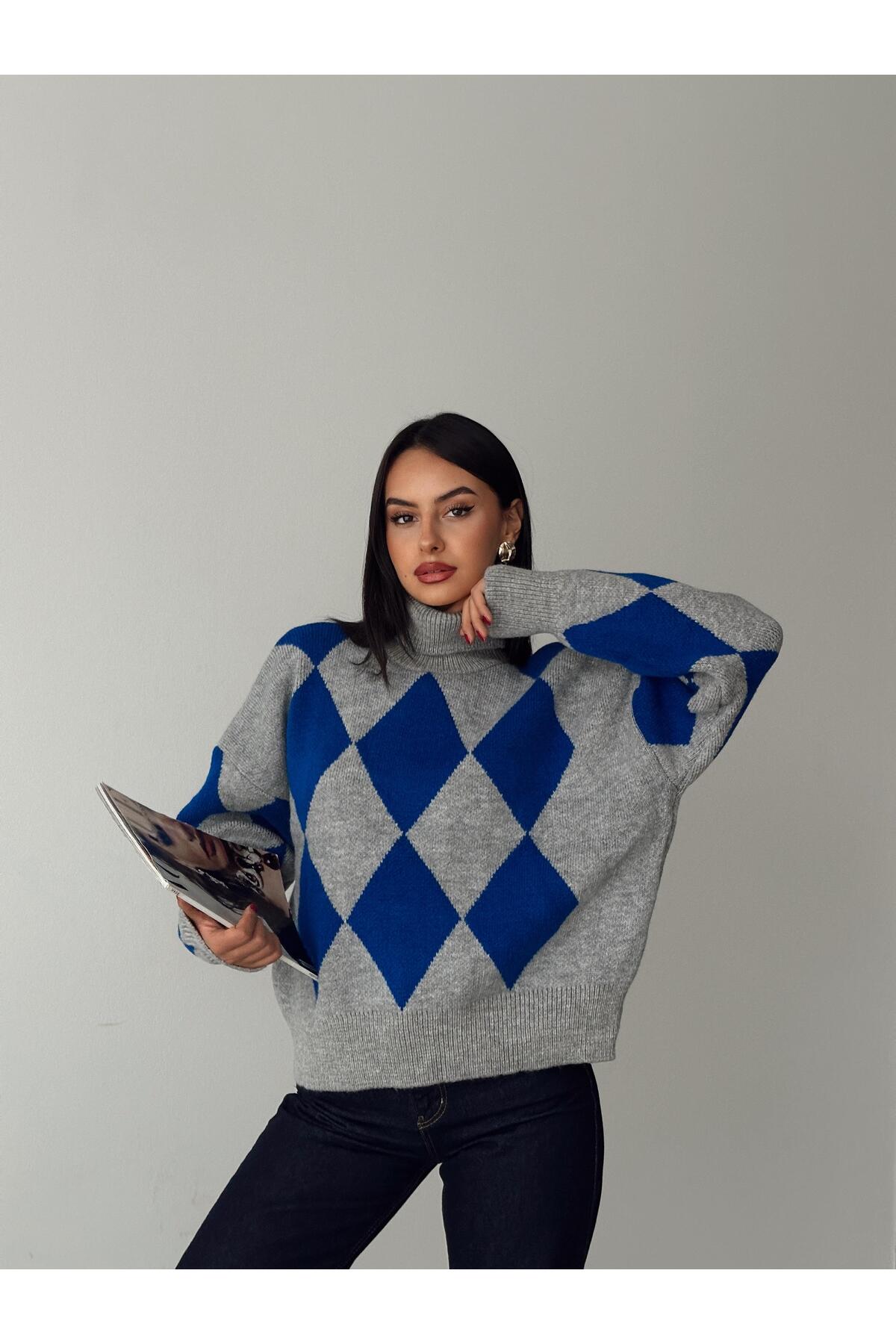 Boğazlı Baklava Desen Kazak Mavi