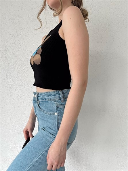 Bear Halter Yaka Fitilli Crop Siyah