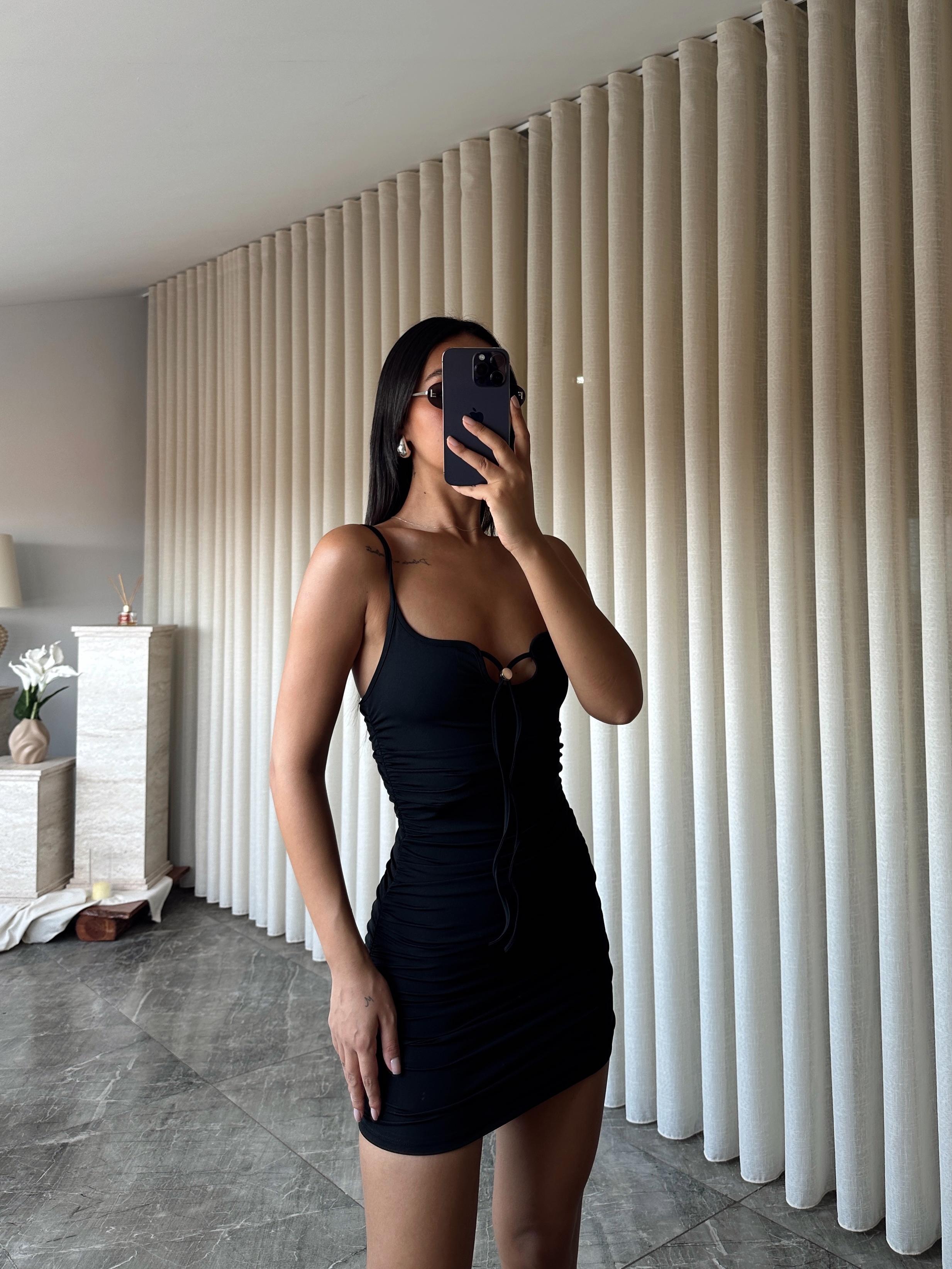 Yan Drape Mini Elbise  - Siyah