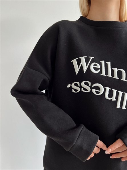Wellness İşleme Nakışlı Oversize 3 İplik Şardonlu Sweatshirt Siyah