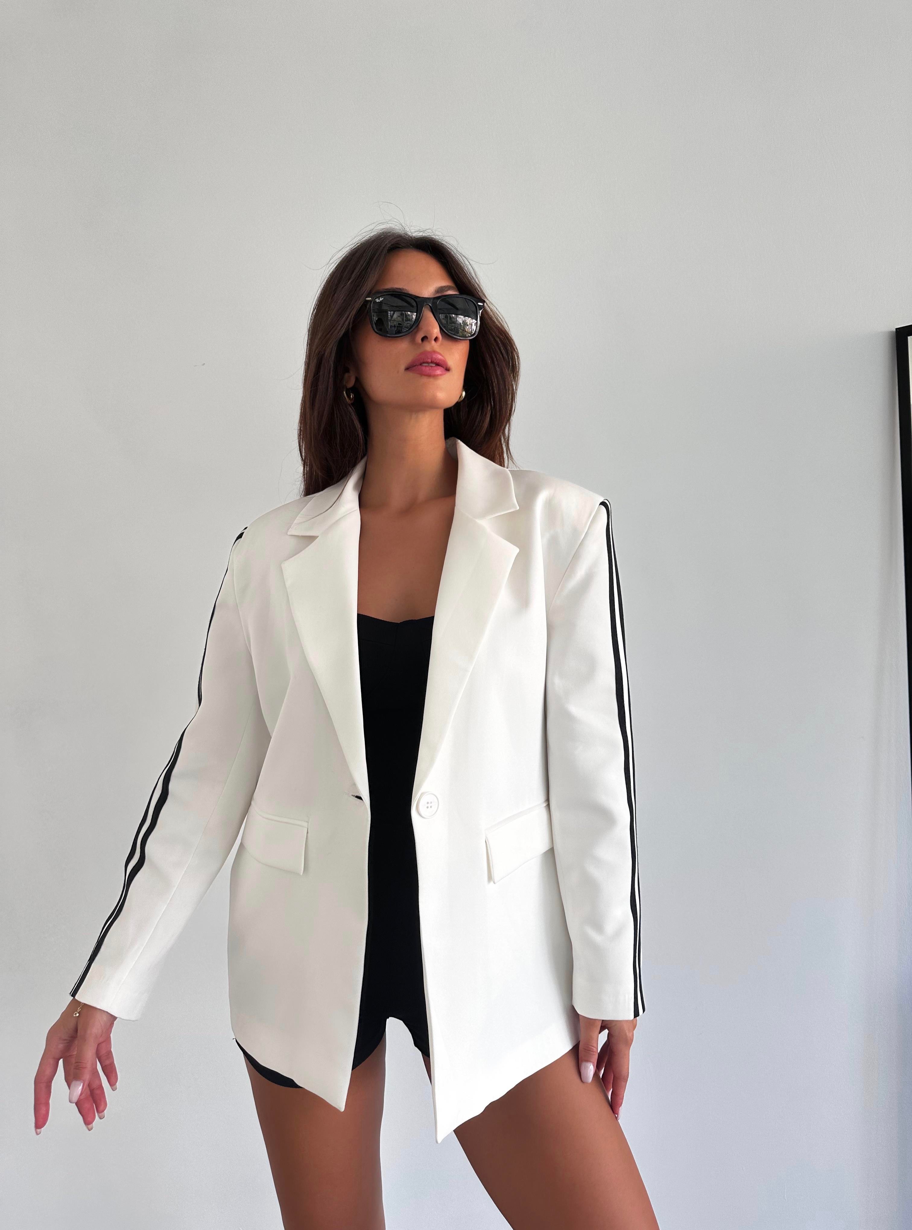 Kol Şeritli Oversize Blazer Ceket Beyaz