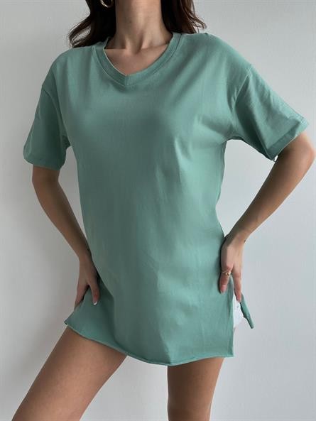 V Yaka Yan Yırtmaç Oversize Basic Mint