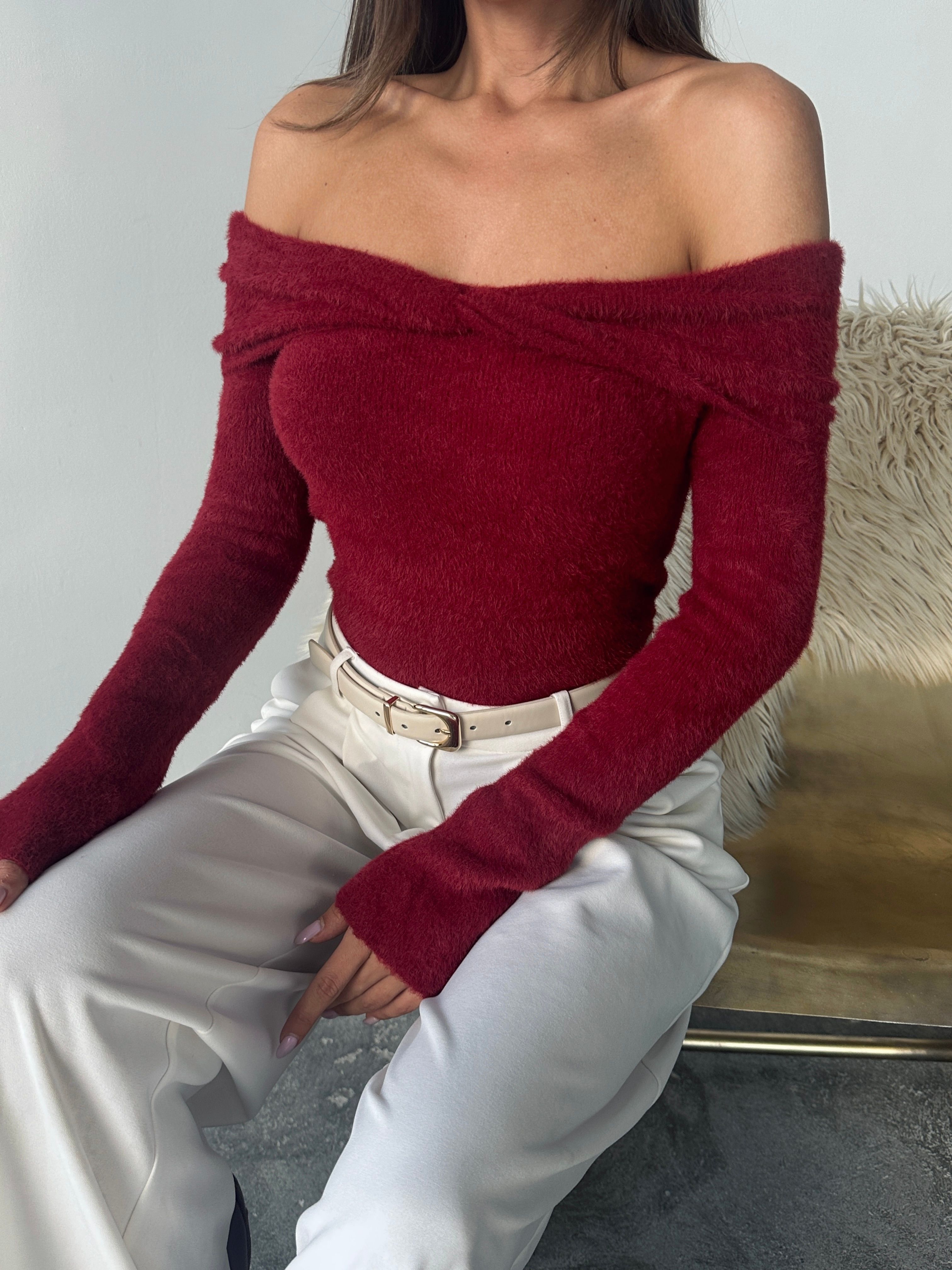 Açık Omuz Peluş Kazak - Bordo