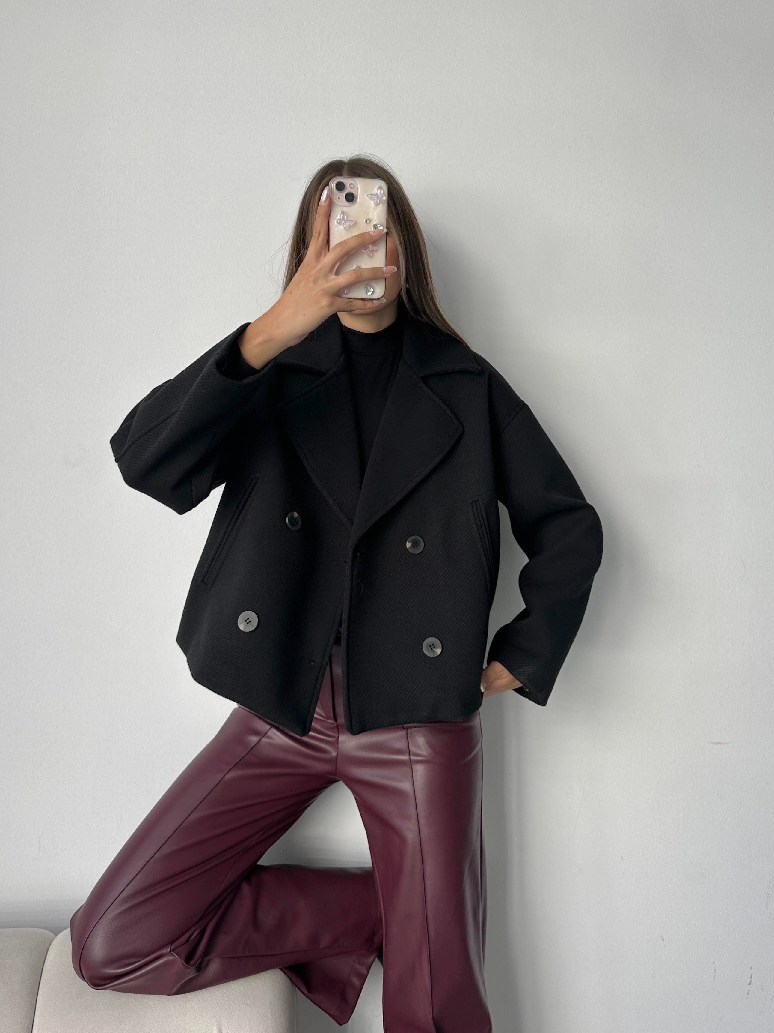 Düğmeli Oversize Kaban Siyah