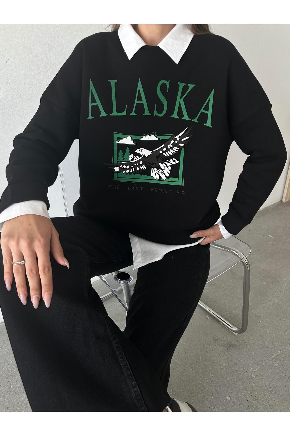 Alaska Üç İplik Şardonlu Oversize Sweat Siyah