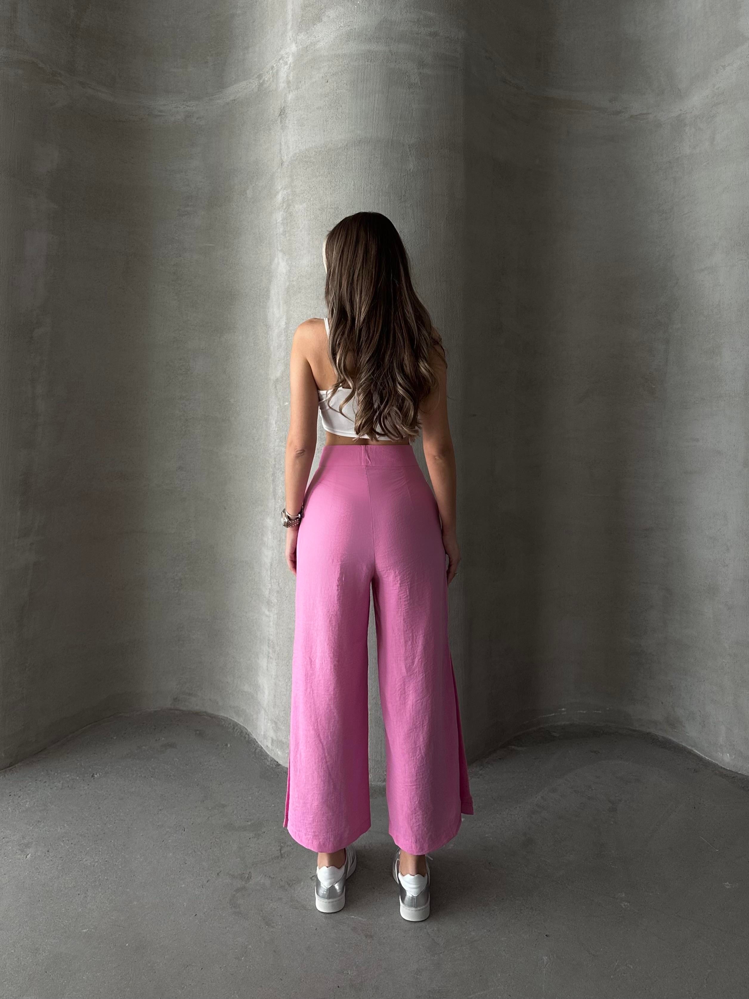 Ham Keten Paça Yırtmaçlı Pantolon Pembe