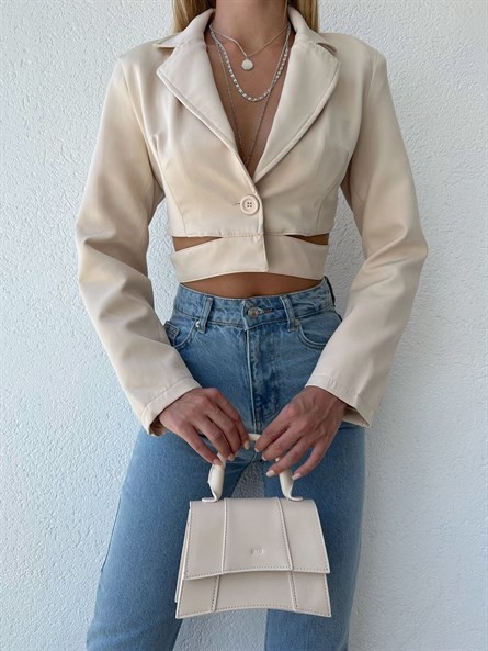 Bel Dekolte Crop Blazer Ceket Taş