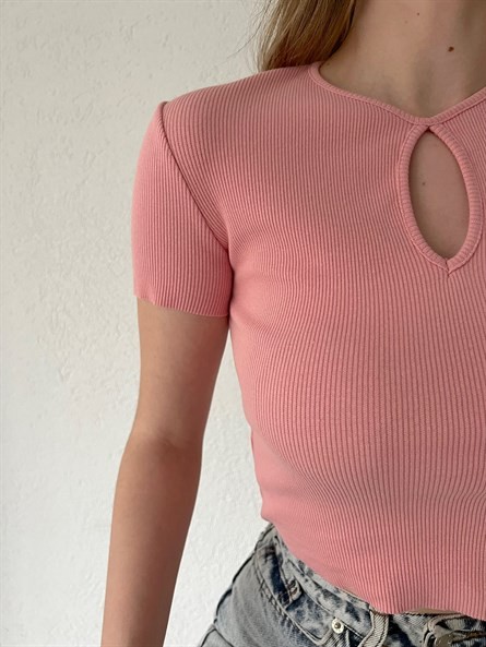 Boyun Dekolte Fitilli Basic Pembe