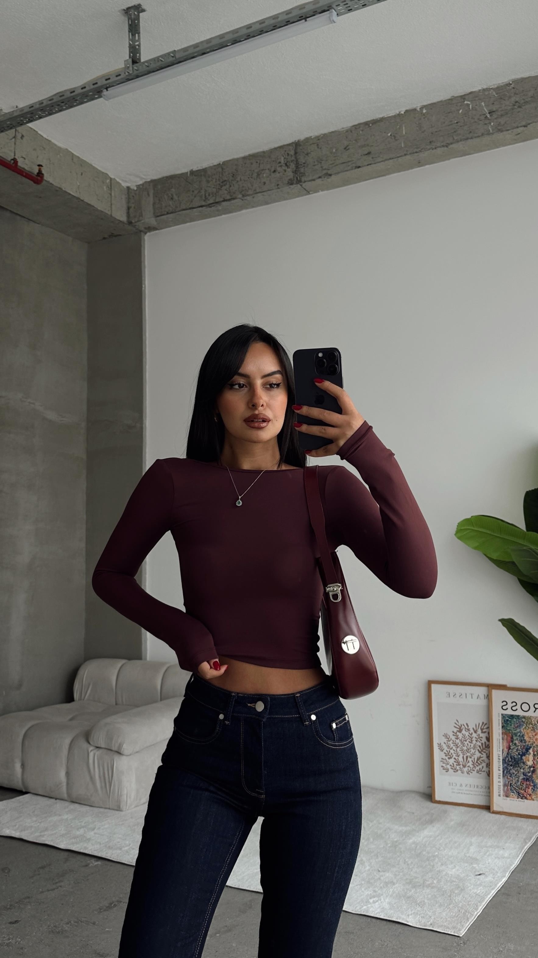 Sırt Dekolte Scuba Bluz Bordo