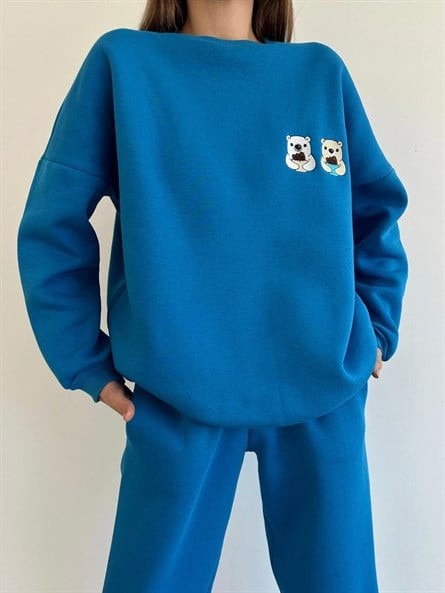 Twin Bear İşleme Oversize Sweatshirt Saks Mavi