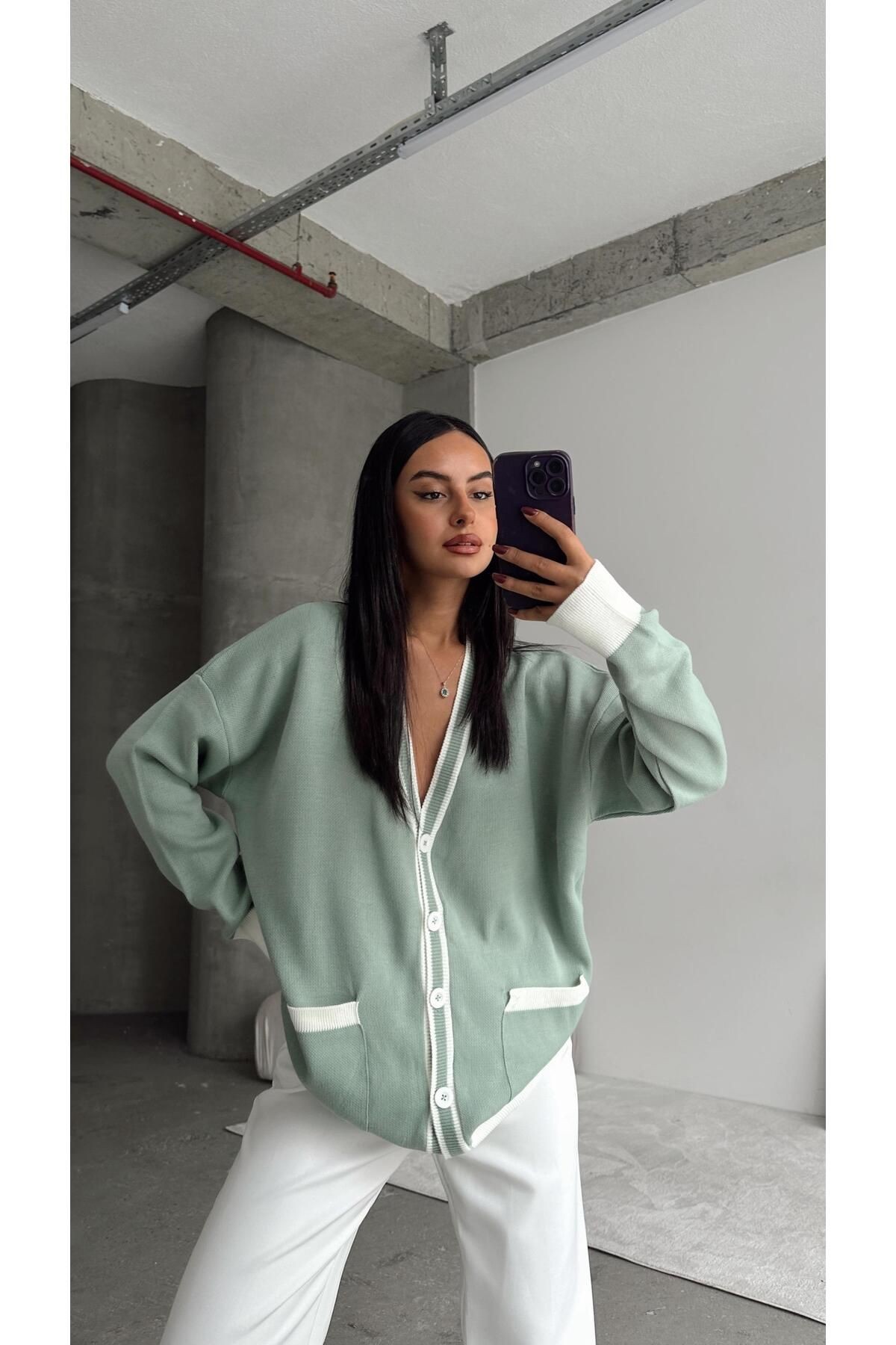 Cepli Oversize Triko Hırka Mint