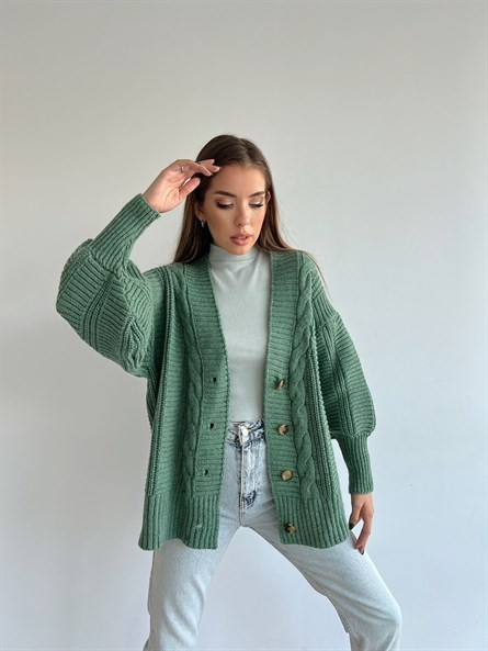 Düğmeli Oversize Örgü Hırka Mint