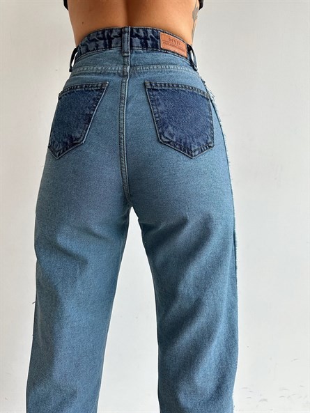 Yan Püskül Patch Mom Jean Mavi