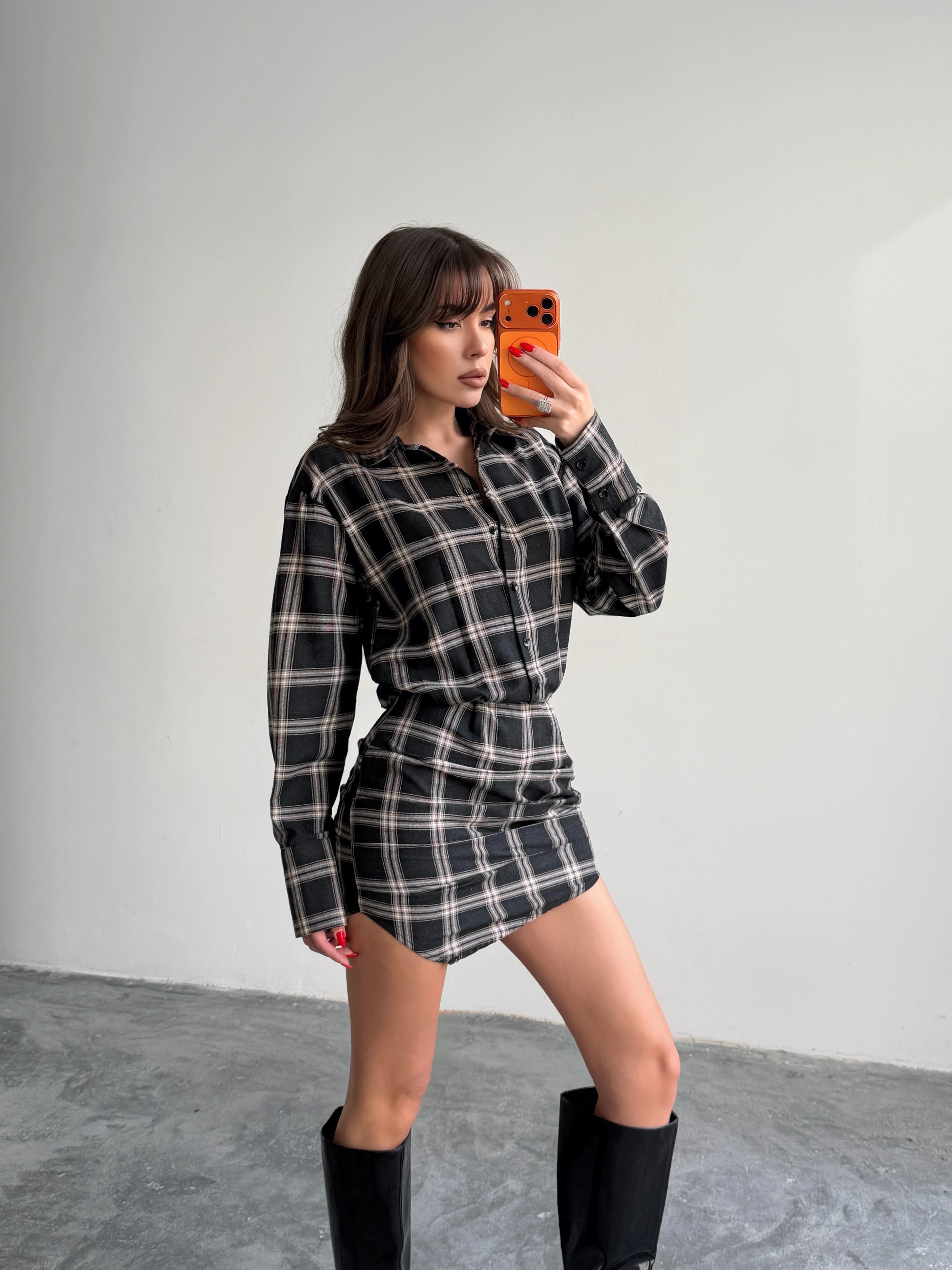 Ekose Gömlek Elbise  - Siyah