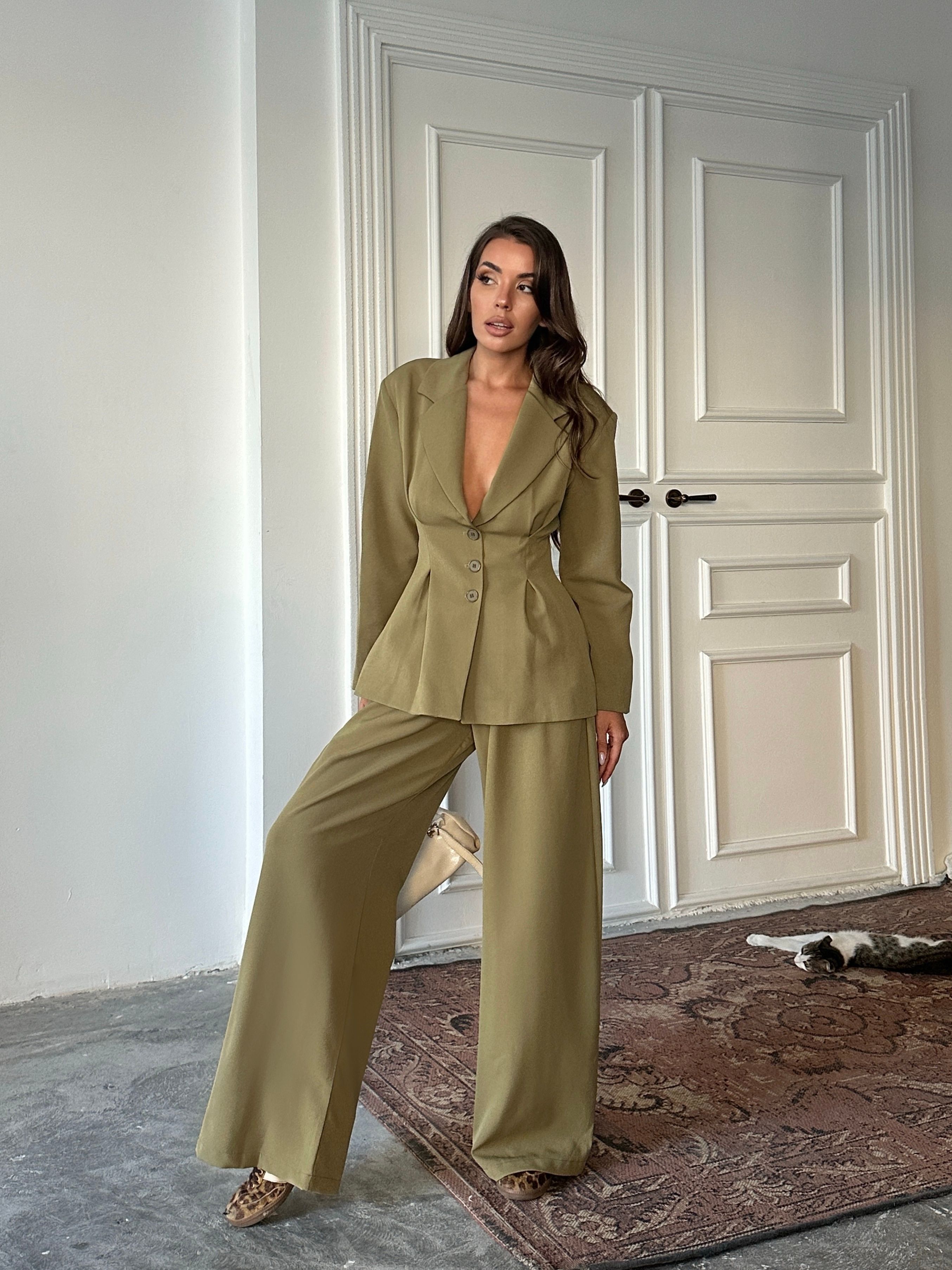 Pile Detay Oturtmalı Blazer Ceket  - Haki Yeşil