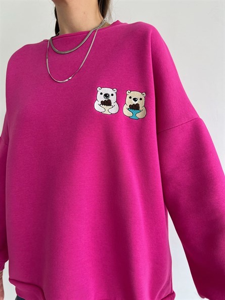 Twin Bear İşleme Oversize Sweatshirt Fuşya