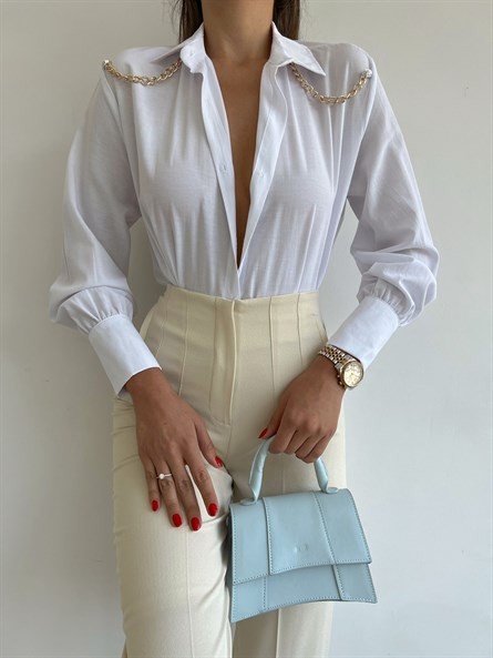 Zincir Apolet Oversize Poplin Gömlek Beyaz