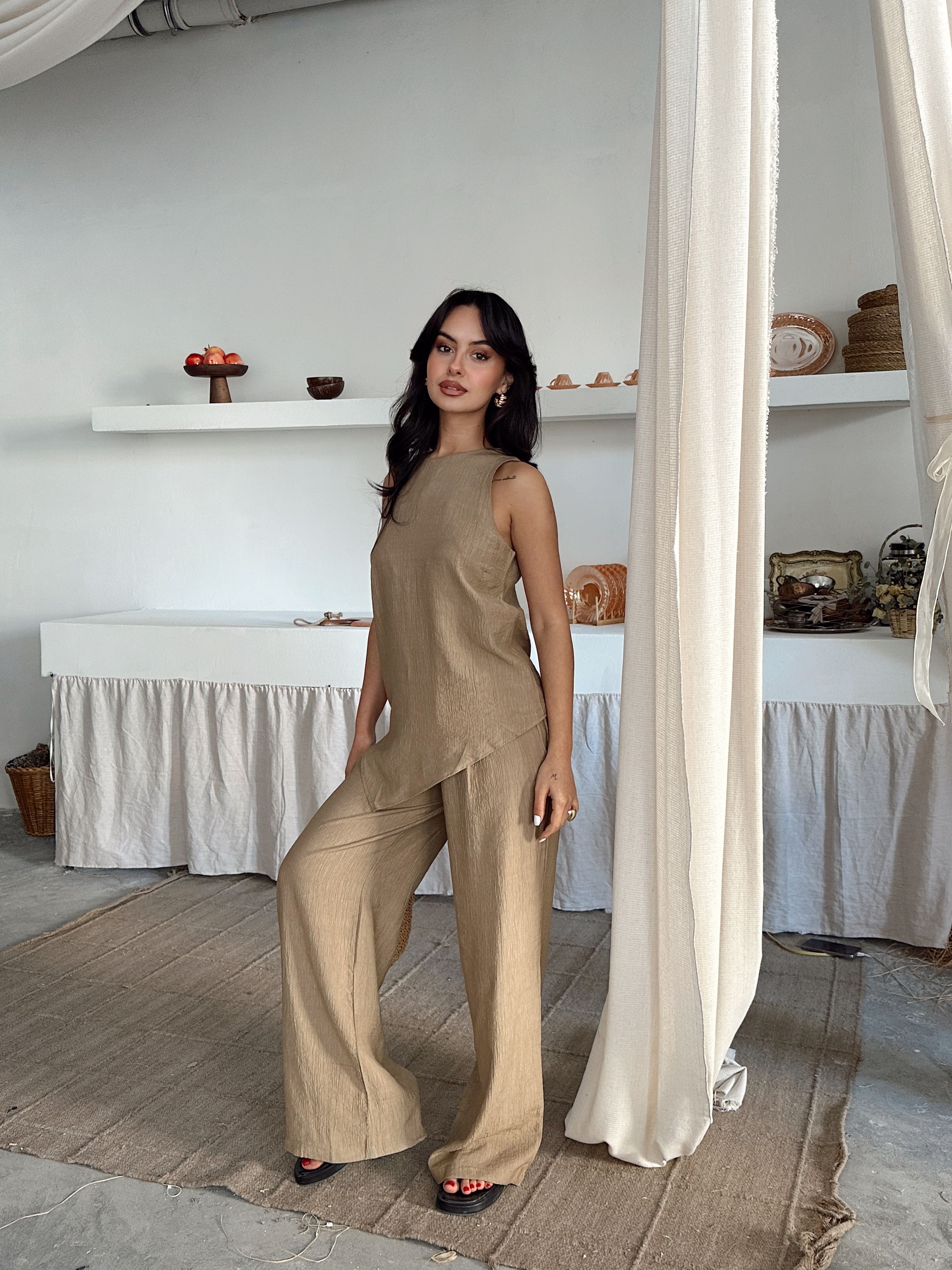 Çilek Kumaş Pantolon Takım  - Vizon