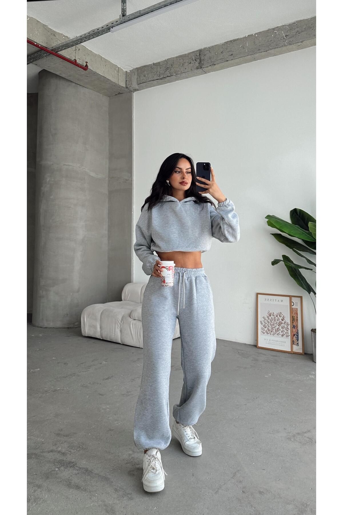 Kapüşonlu Crop Sweat Jogger Eşofman Takım Gri