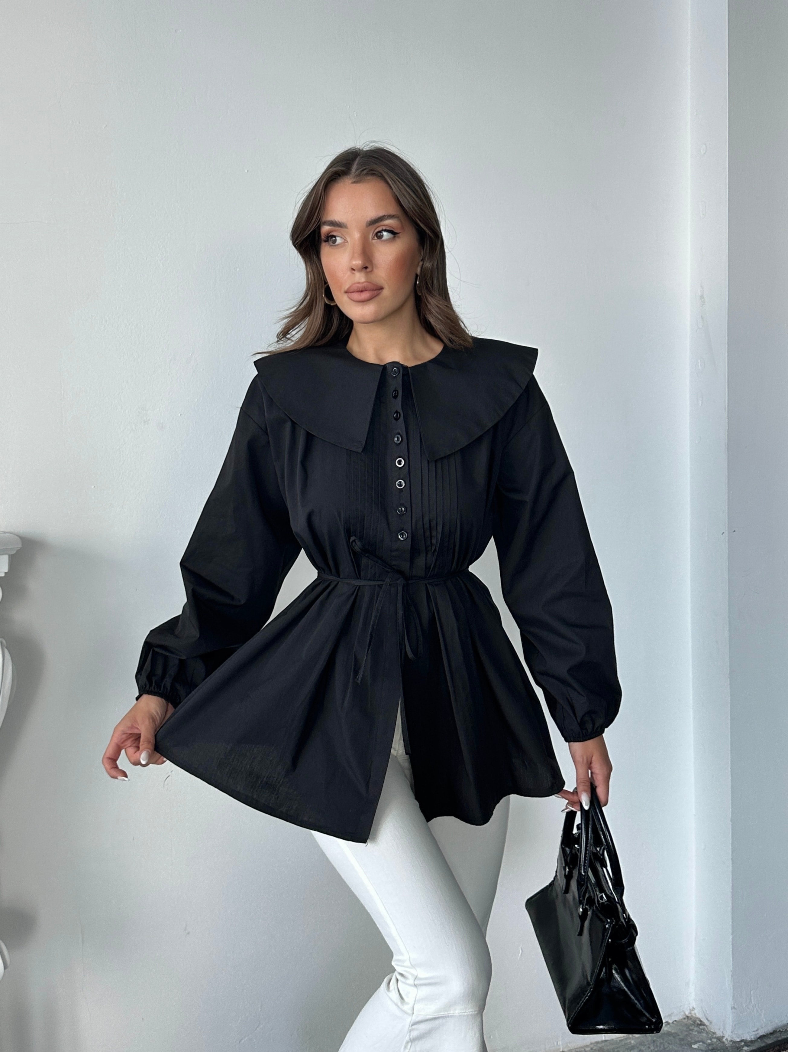 Geniş Yaka Poplin Gömlek - Siyah