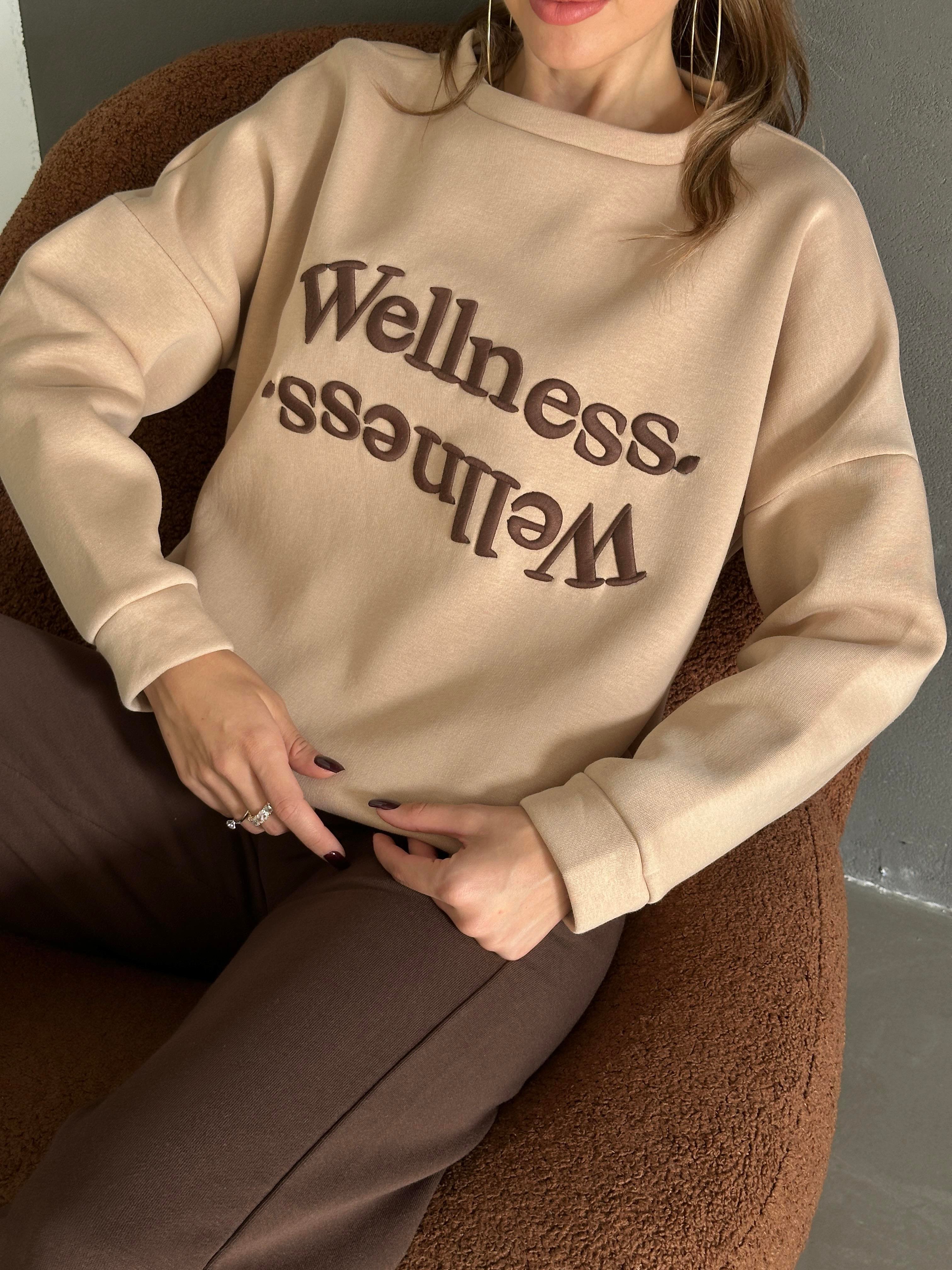 Wellness İşleme Nakışlı Oversize 3 İplik Şardonlu Sweatshirt Bej