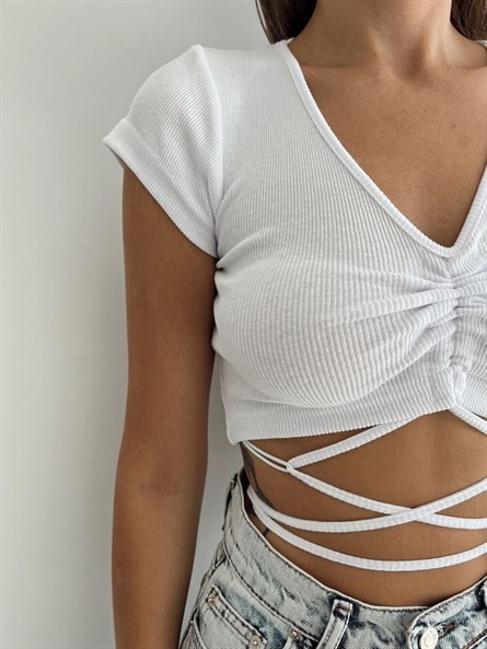 Bel İp Detay Büzgülü Crop Beyaz