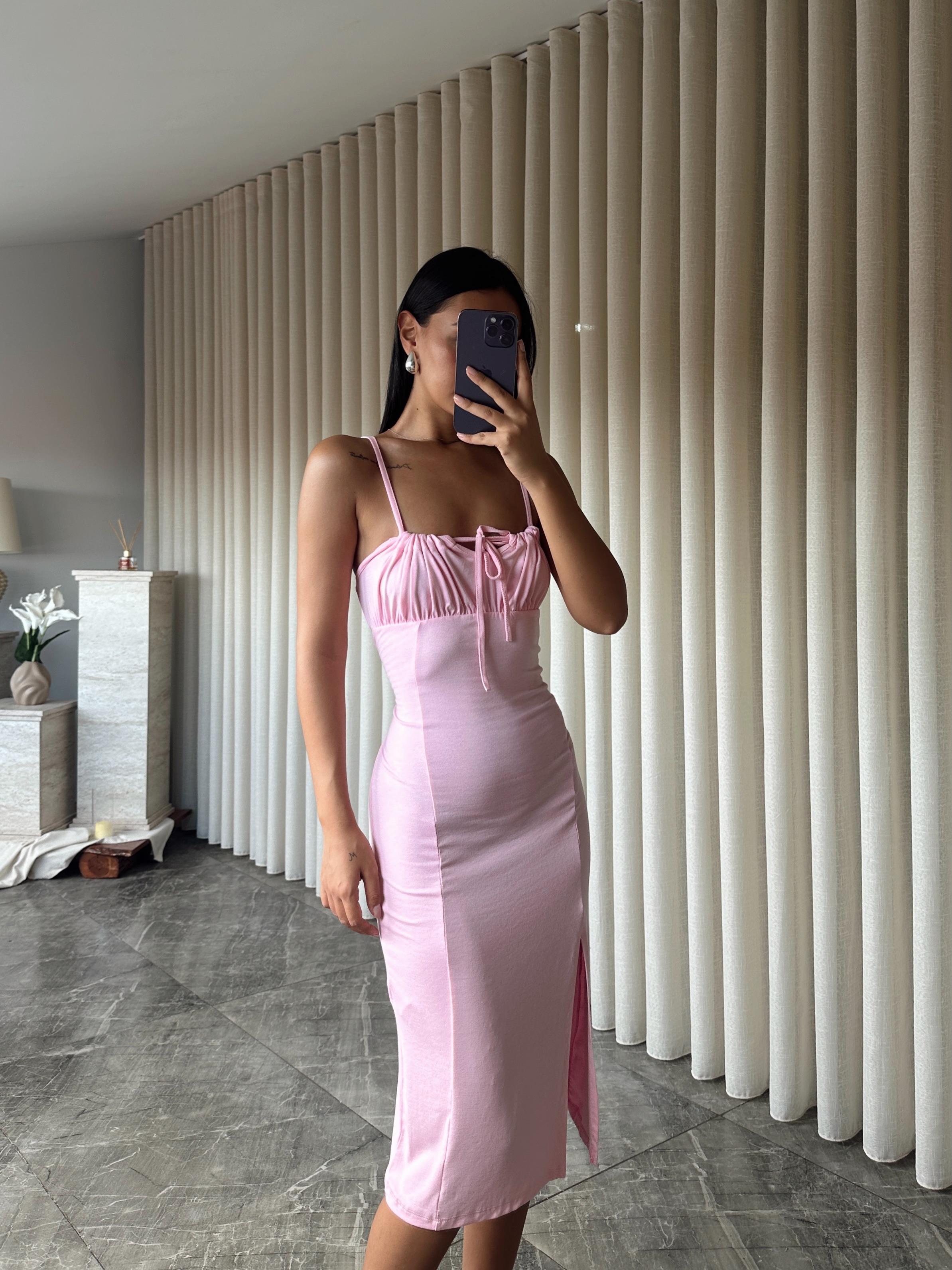 Göğüs Kulplu Askılı Elbise  - Pembe