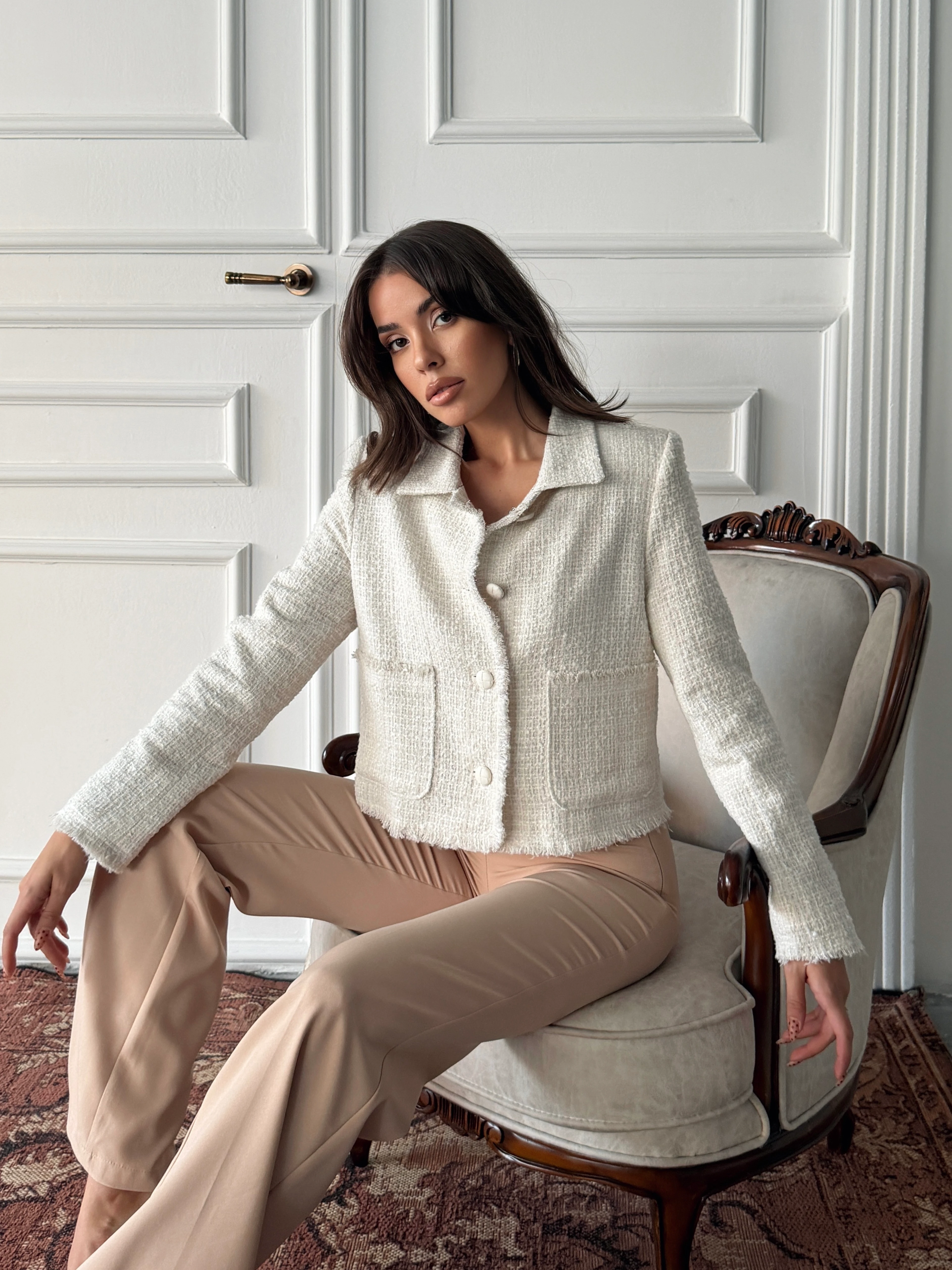 Püskül Detay Tüvit Ceket - Ekru